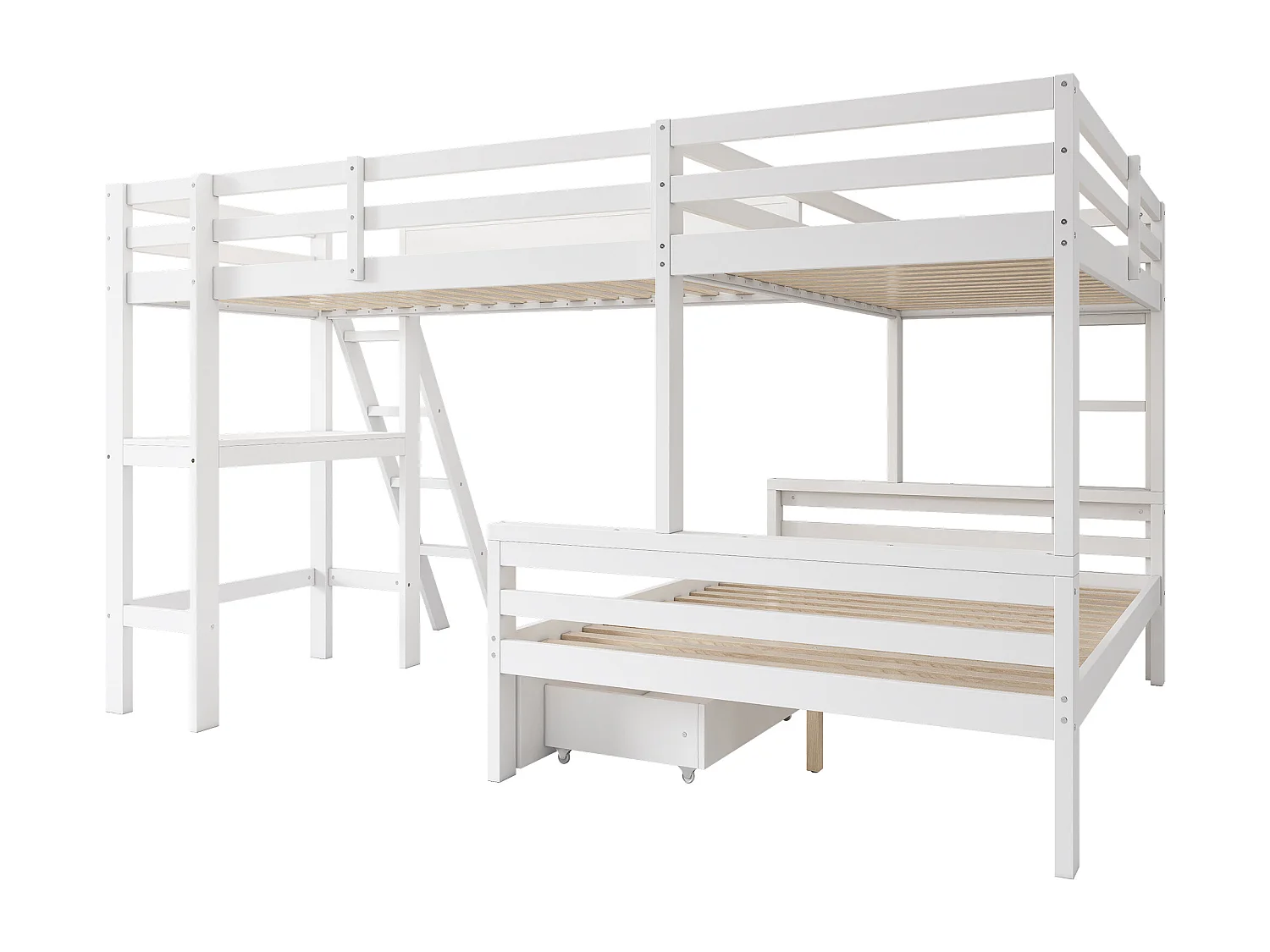 Lit superposé 140/90x200 cm avec 2 tiroirs, bureau, échelle, tableau noir, bois blanc, sans matelas