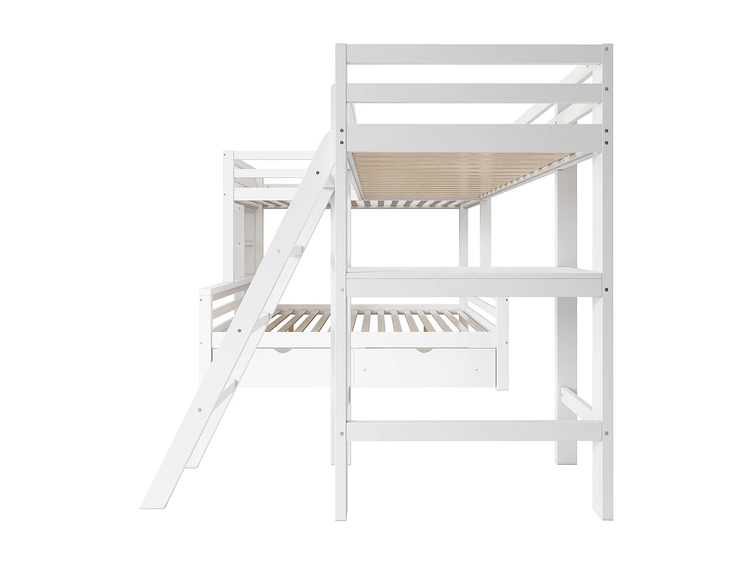 Lit superposé 140/90x200 cm avec 2 tiroirs, bureau, échelle, tableau noir, bois blanc, sans matelas