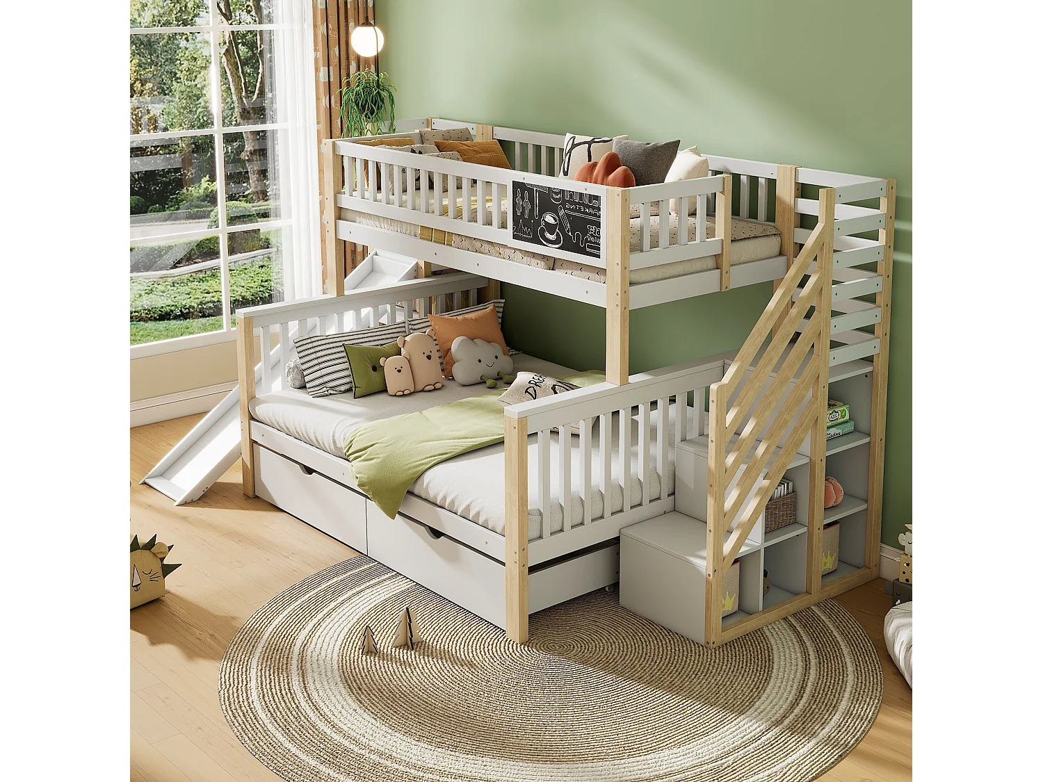 Stapelbed 90/140 x 200 cm Voor Kinderen Met Opbergruimte En Glijbaan, Grenen, Wit En Naturel, Zonder Matras