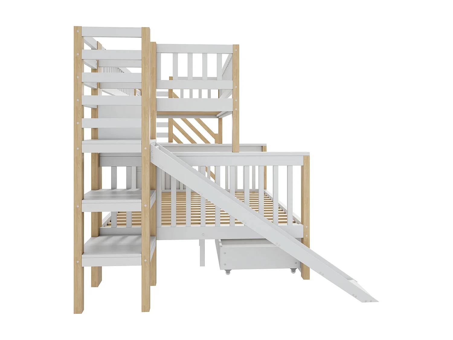 Stapelbed 90/140 x 200 cm Voor Kinderen Met Opbergruimte En Glijbaan, Grenen, Wit En Naturel, Zonder Matras