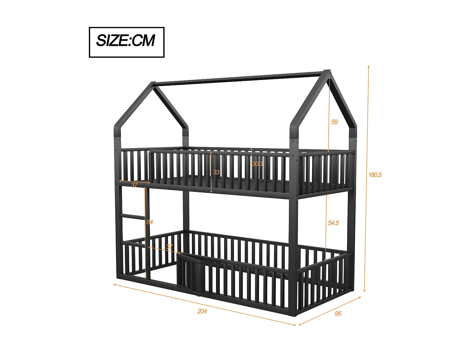 Lit superposé 90x200cm avec eacalier, 1 sommier, Lit cabane de style simple, en métal noir, sans matalas