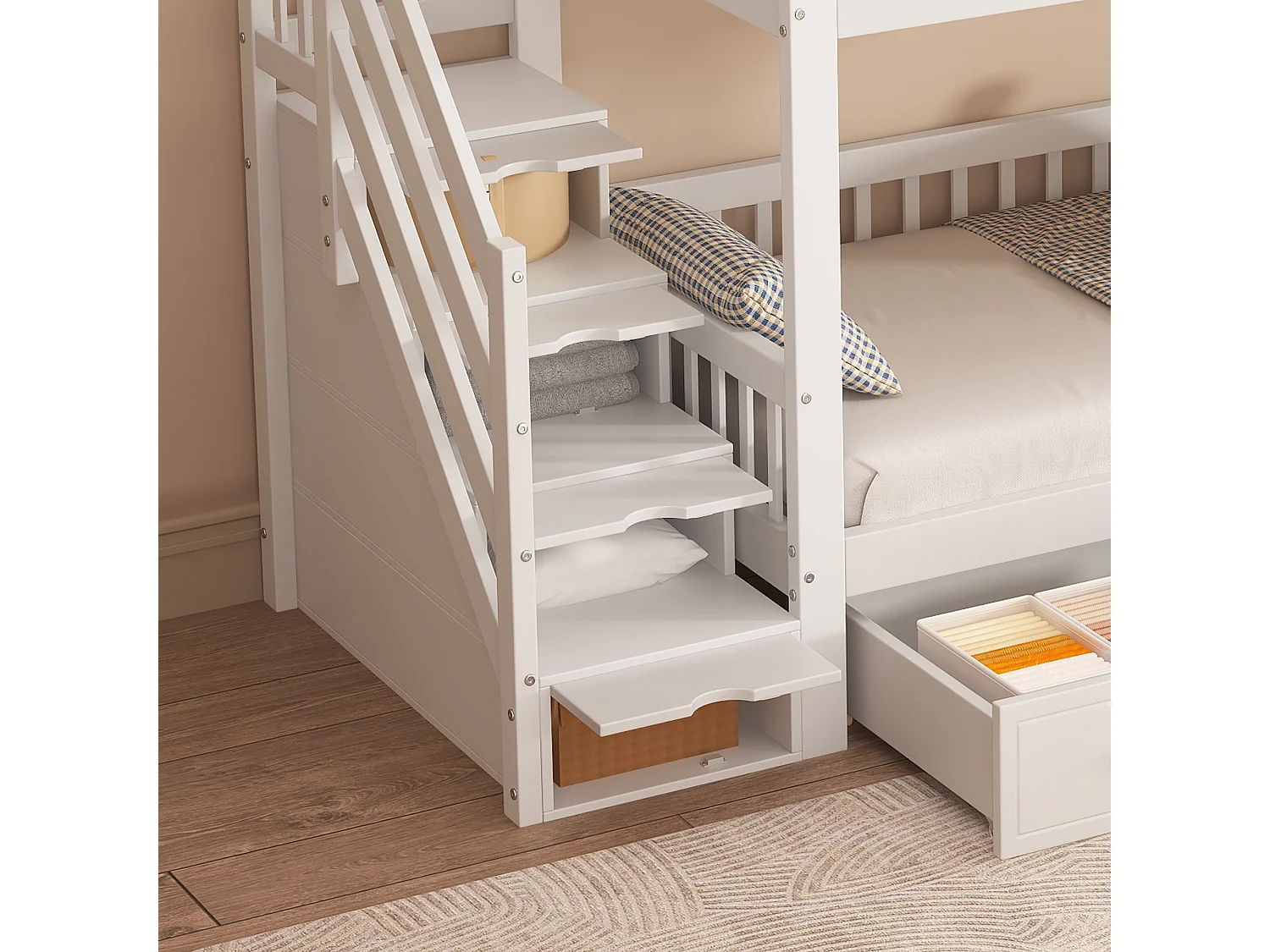 Stapelbed - 90x200 - Kinderbed met Viertraps Ladder - Met Twee Schubladen en Opbergruimte - Grenen - Wit