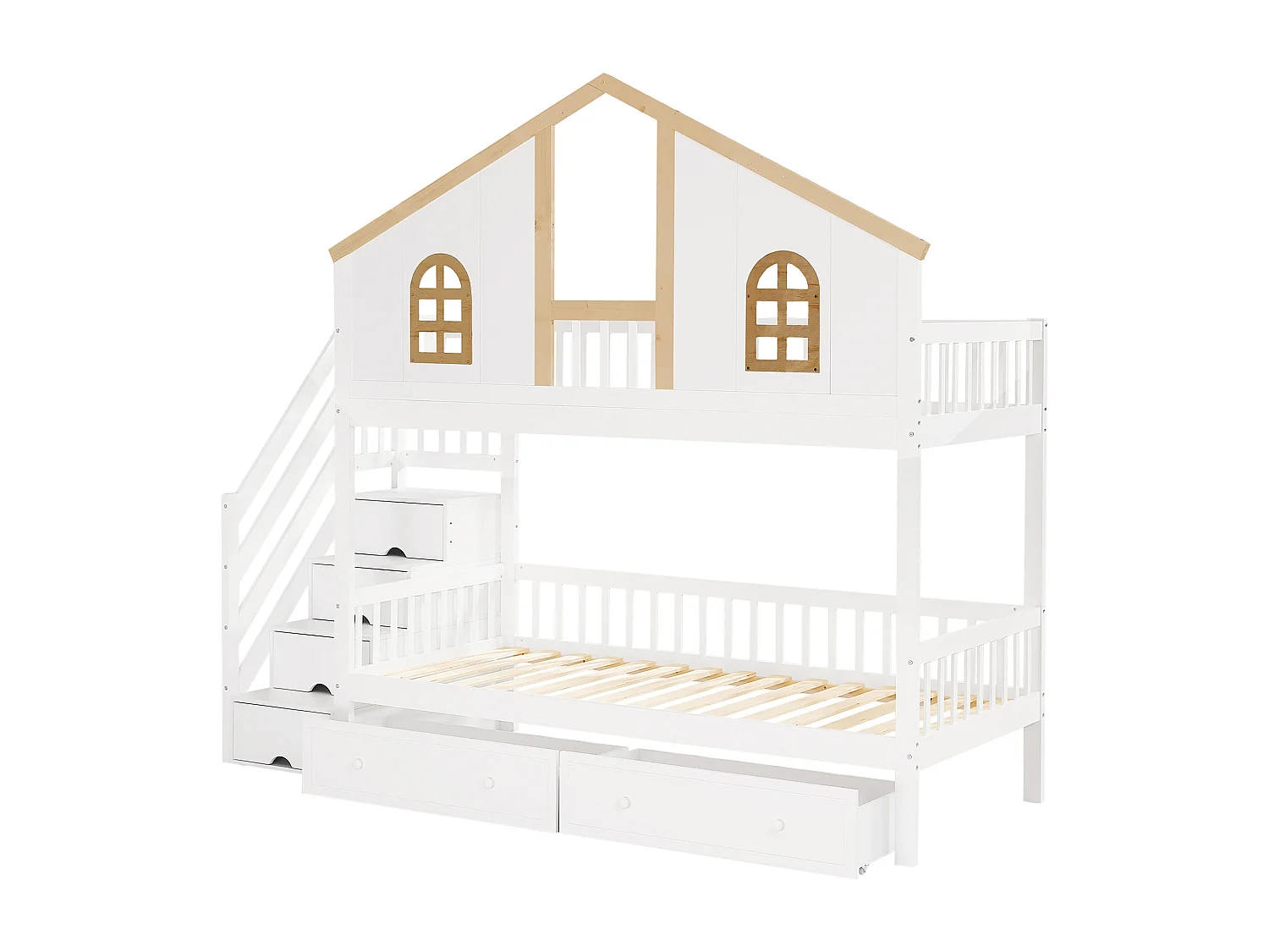 Stapelbed - 90x200 - Kinderbed met Viertraps Ladder - Met Twee Schubladen en Opbergruimte - Grenen - Wit