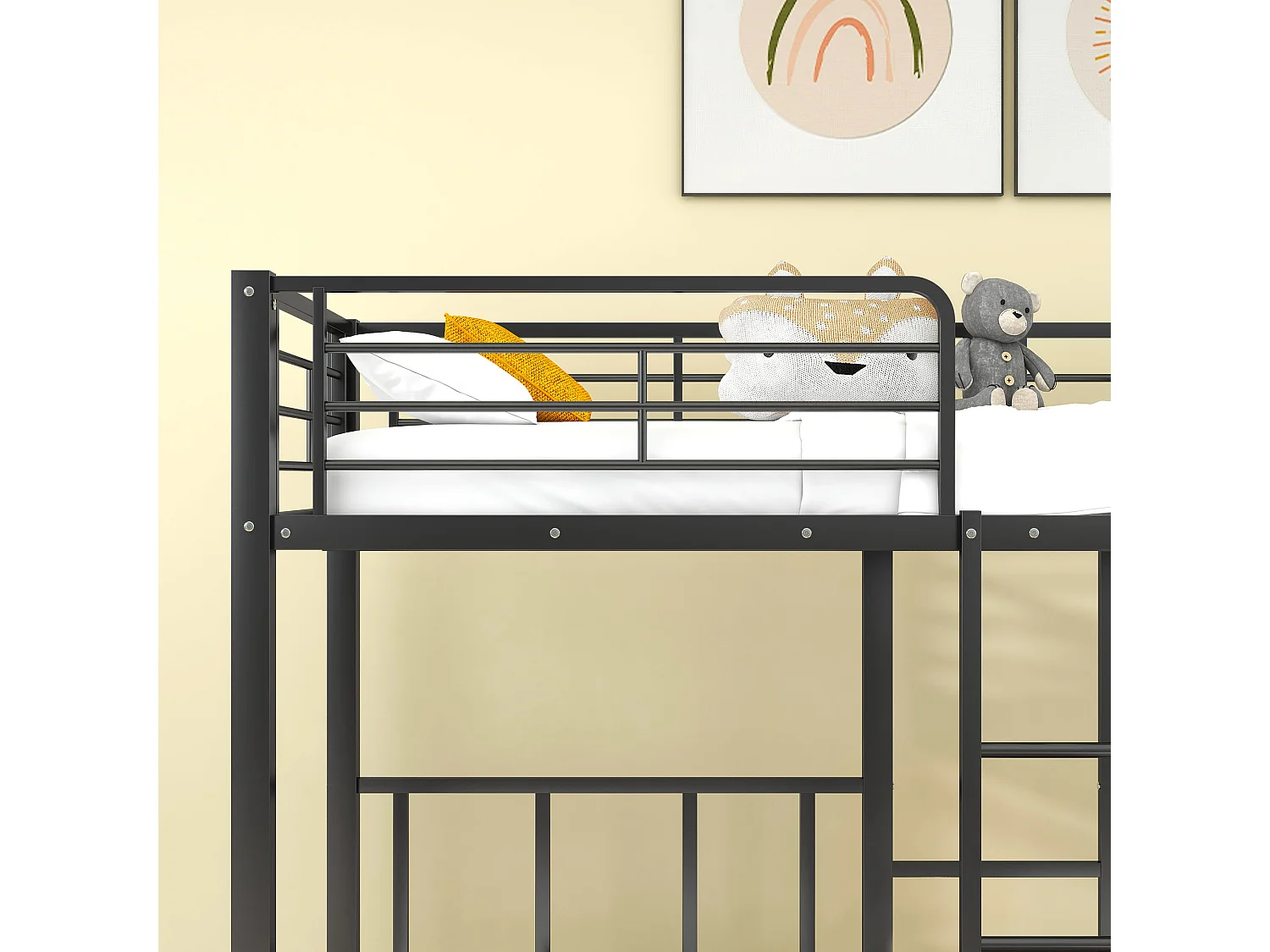 Lit superposé triple pour enfants, 90x200 cm, avec échelle et protection, en métal noir, sans matelas