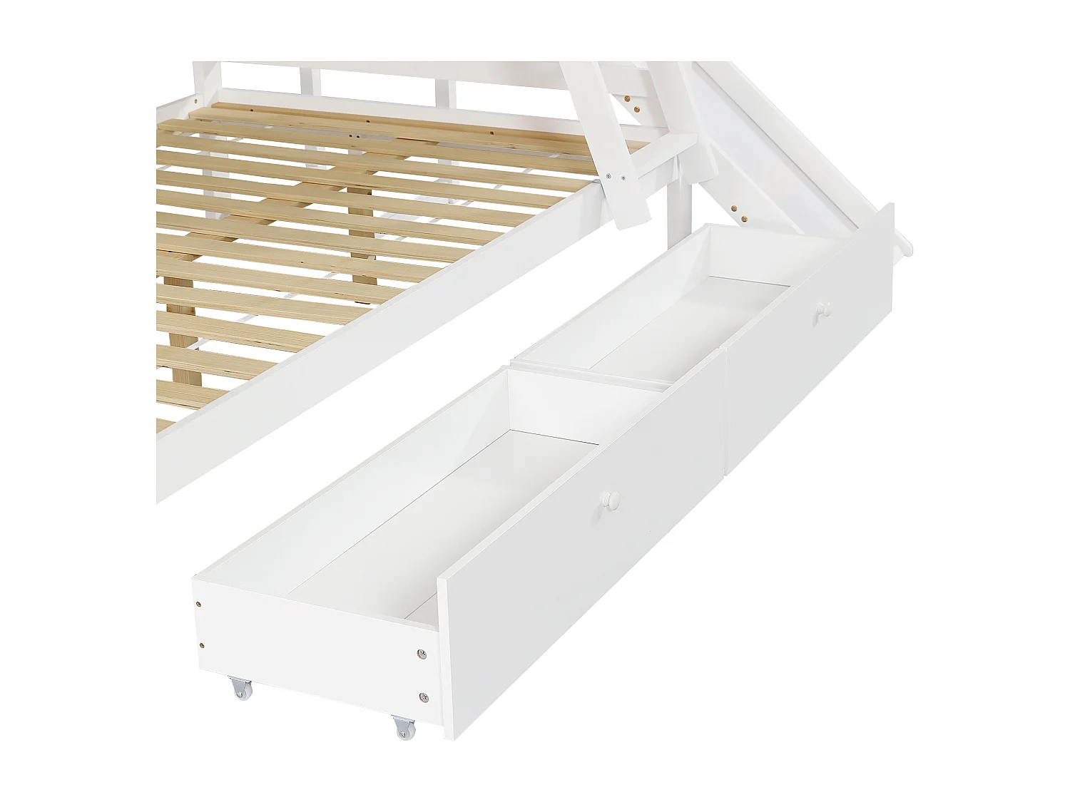 Lit superposé avec fenêtres, avec diapositiva, 90x200 et 120x200 cm, 2 tiroirs, en bois, blanc, sans matelas