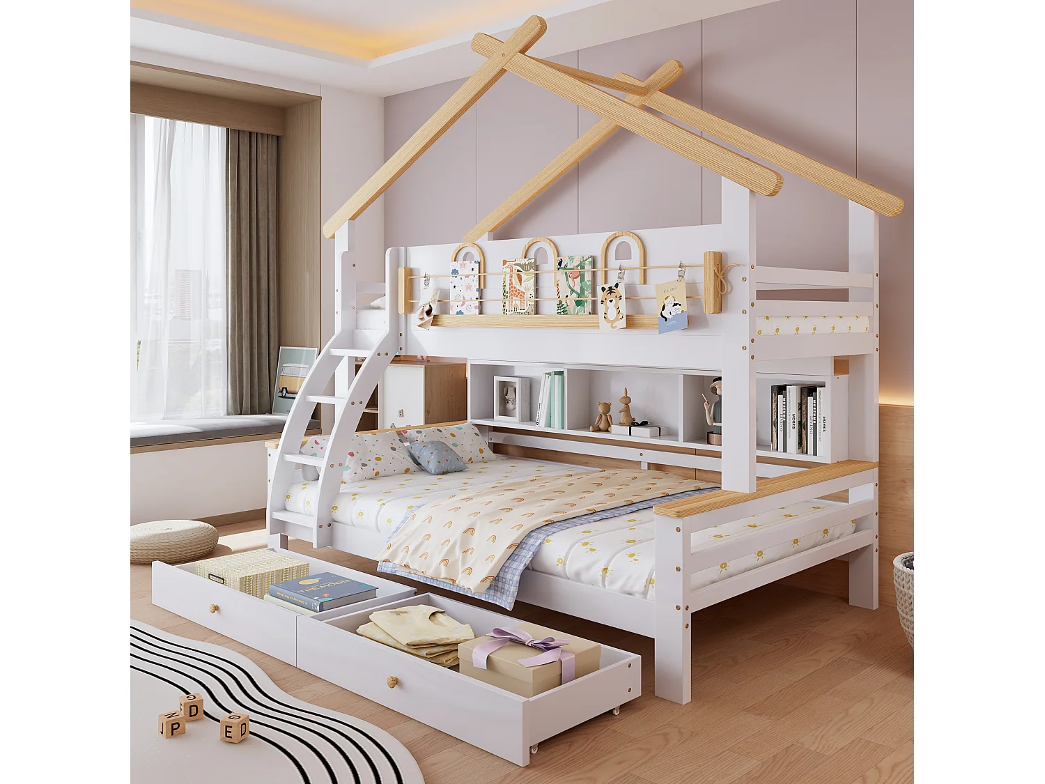 Lit superposé enfant 90x200 cm et 120x200 cm avec 2 tiroirs, échelle inclinée, bois blanc, sans matelas