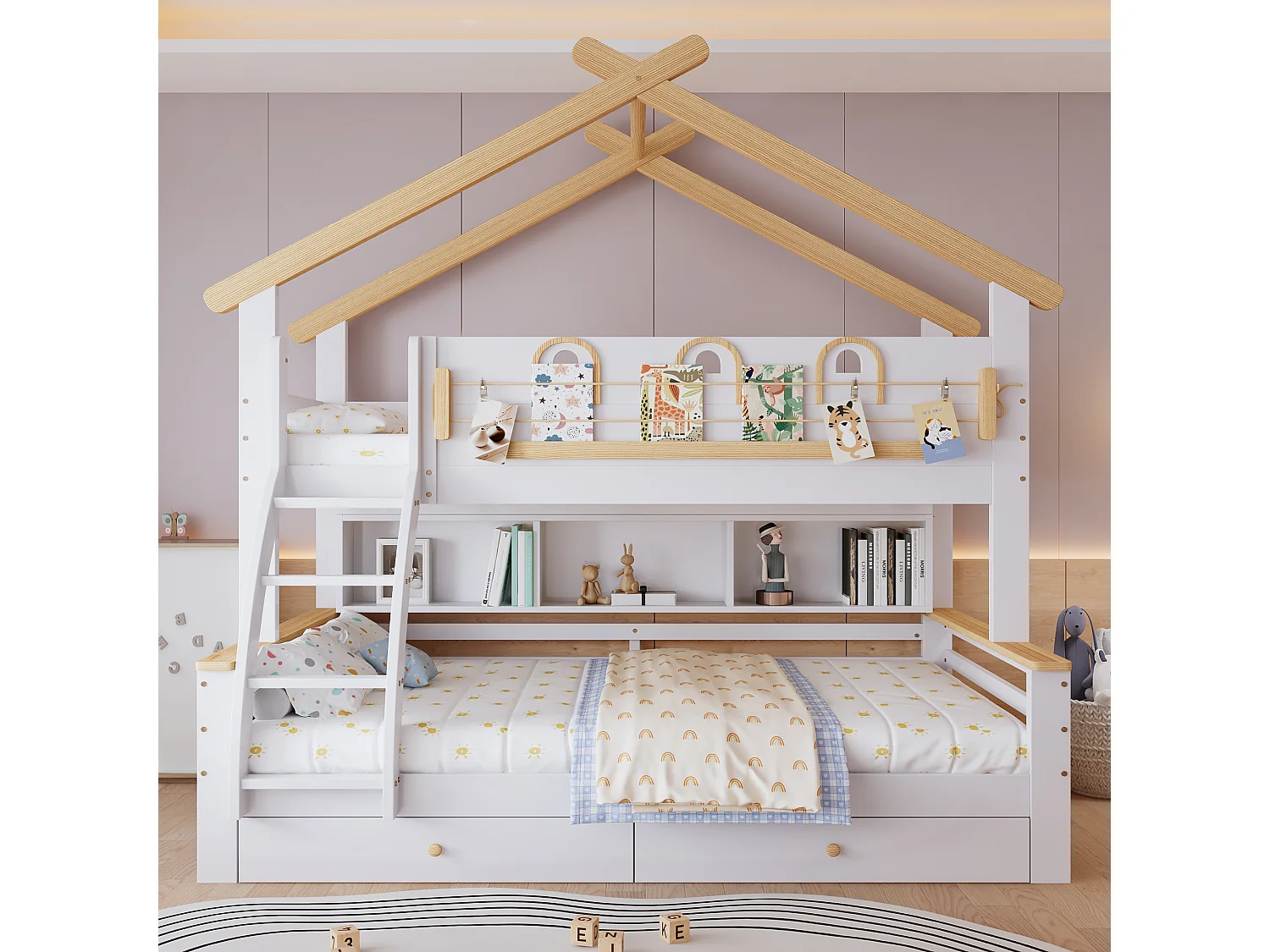 Lit superposé enfant 90x200 cm et 120x200 cm avec 2 tiroirs, échelle inclinée, bois blanc, sans matelas