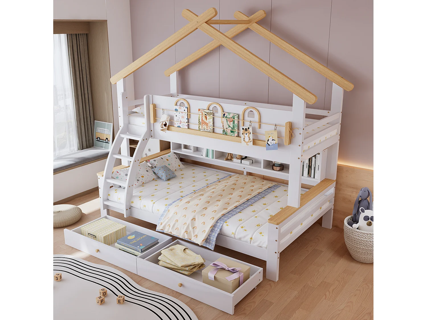 Lit superposé enfant 90x200 cm et 120x200 cm avec 2 tiroirs, échelle inclinée, bois blanc, sans matelas