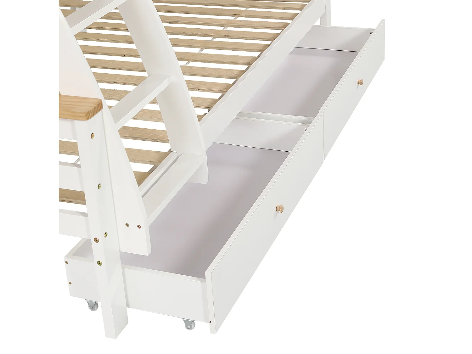 Lit superposé enfant 90x200 cm et 120x200 cm avec 2 tiroirs, échelle inclinée, bois blanc, sans matelas