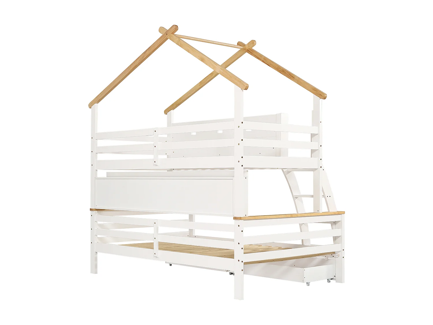 Lit superposé enfant 90x200 cm et 120x200 cm avec 2 tiroirs, échelle inclinée, bois blanc, sans matelas