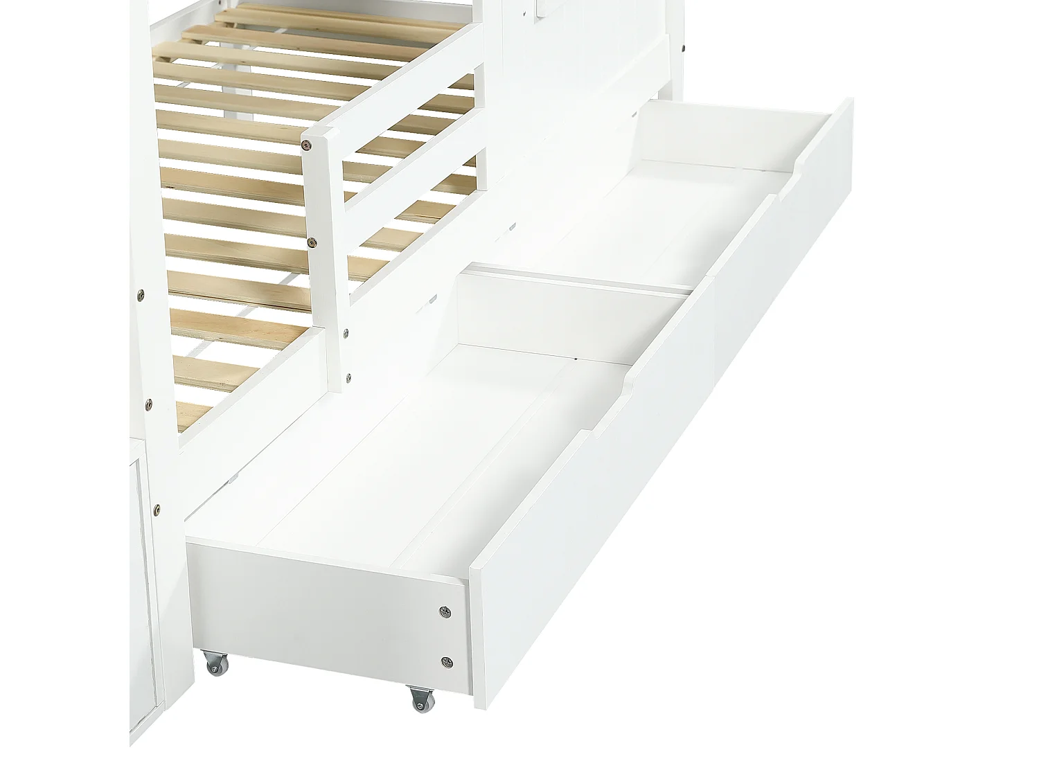 Lit superposé 90x200 cm avec échelle de rangement, 2 tiroirs, fenêtre, finition bois blanc, sans matelas