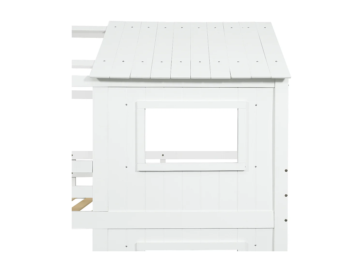 Lit superposé 90x200 cm avec échelle de rangement, 2 tiroirs, fenêtre, finition bois blanc, sans matelas