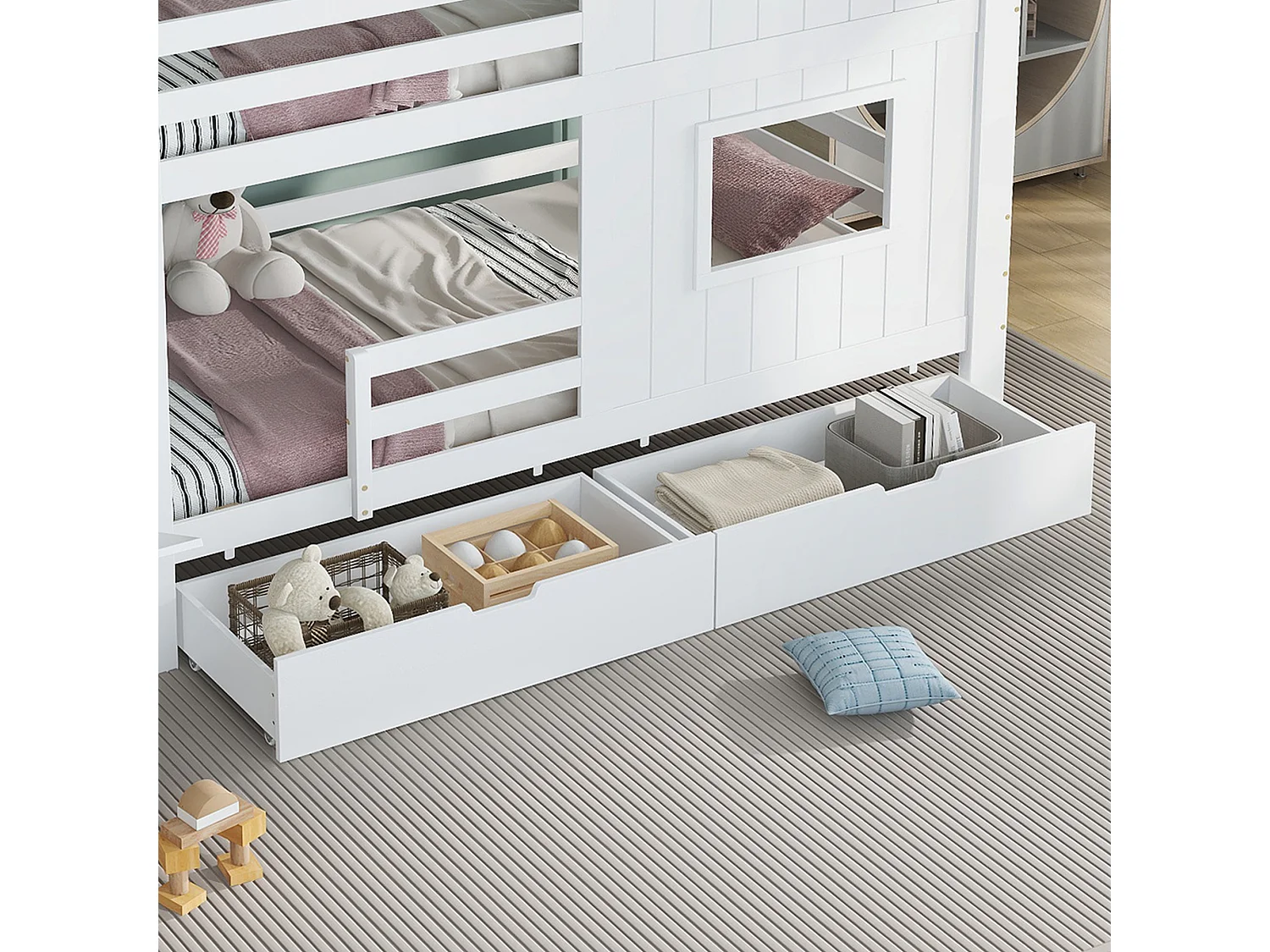 Lit superposé 90x200 cm avec échelle de rangement, 2 tiroirs, fenêtre, finition bois blanc, sans matelas