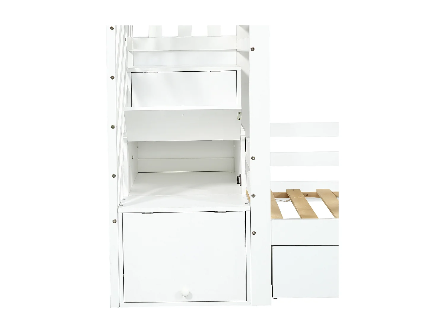 Lit superposé 90x200 cm avec échelle de rangement, 2 tiroirs, fenêtre, finition bois blanc, sans matelas