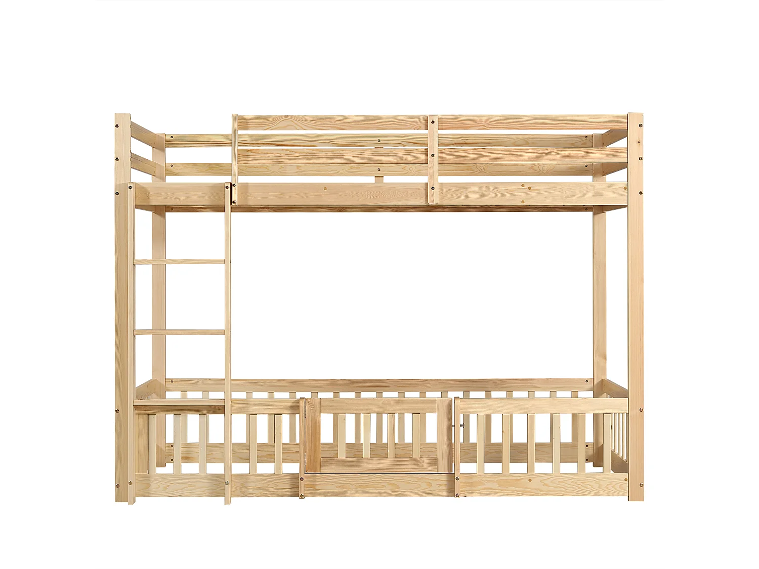 Lit superposé 90x200 cm avec échelle droite, lit enfant avec barrières et porte, lit en bois, sans matelas