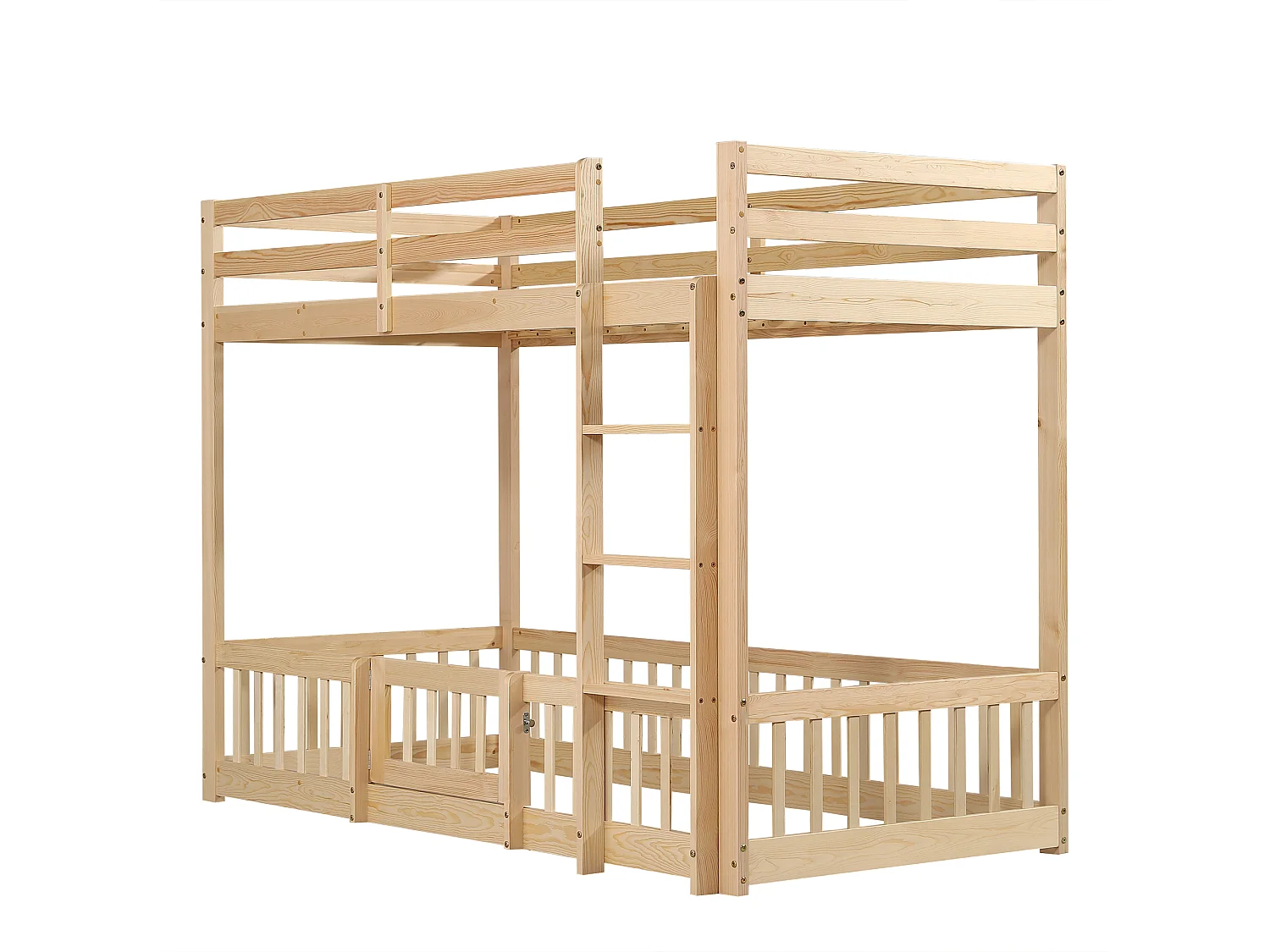 Lit superposé 90x200 cm avec échelle droite, lit enfant avec barrières et porte, lit en bois, sans matelas