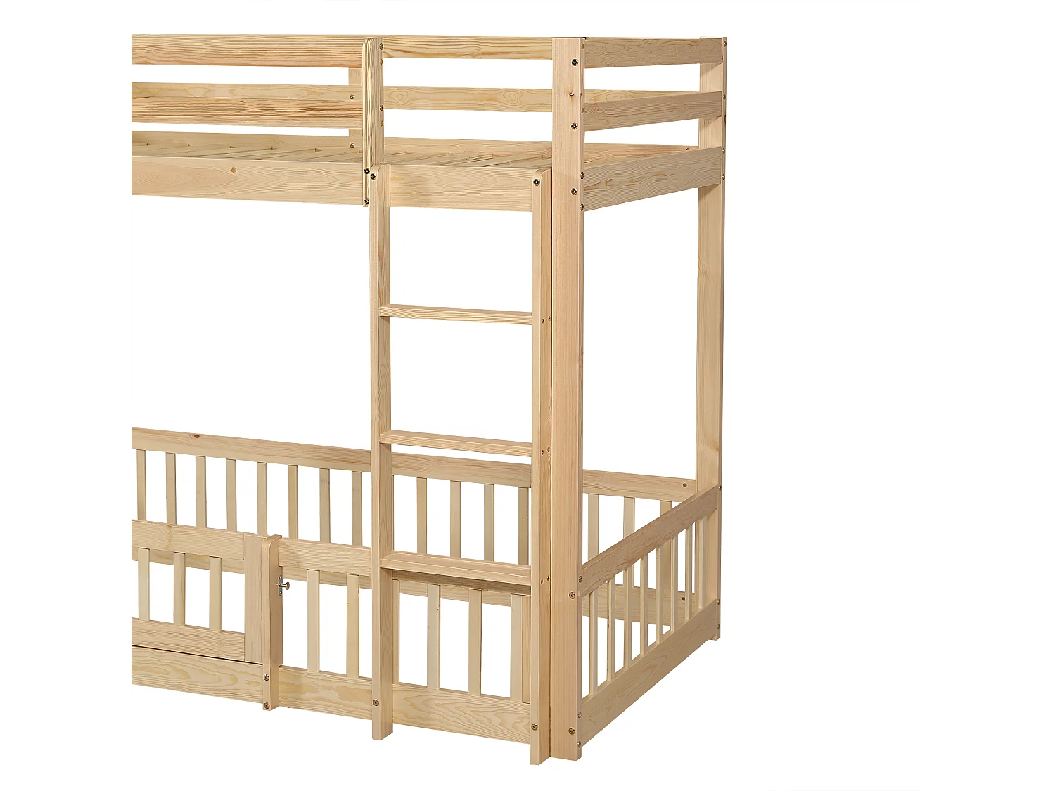 Lit superposé 90x200 cm avec échelle droite, lit enfant avec barrières et porte, lit en bois, sans matelas