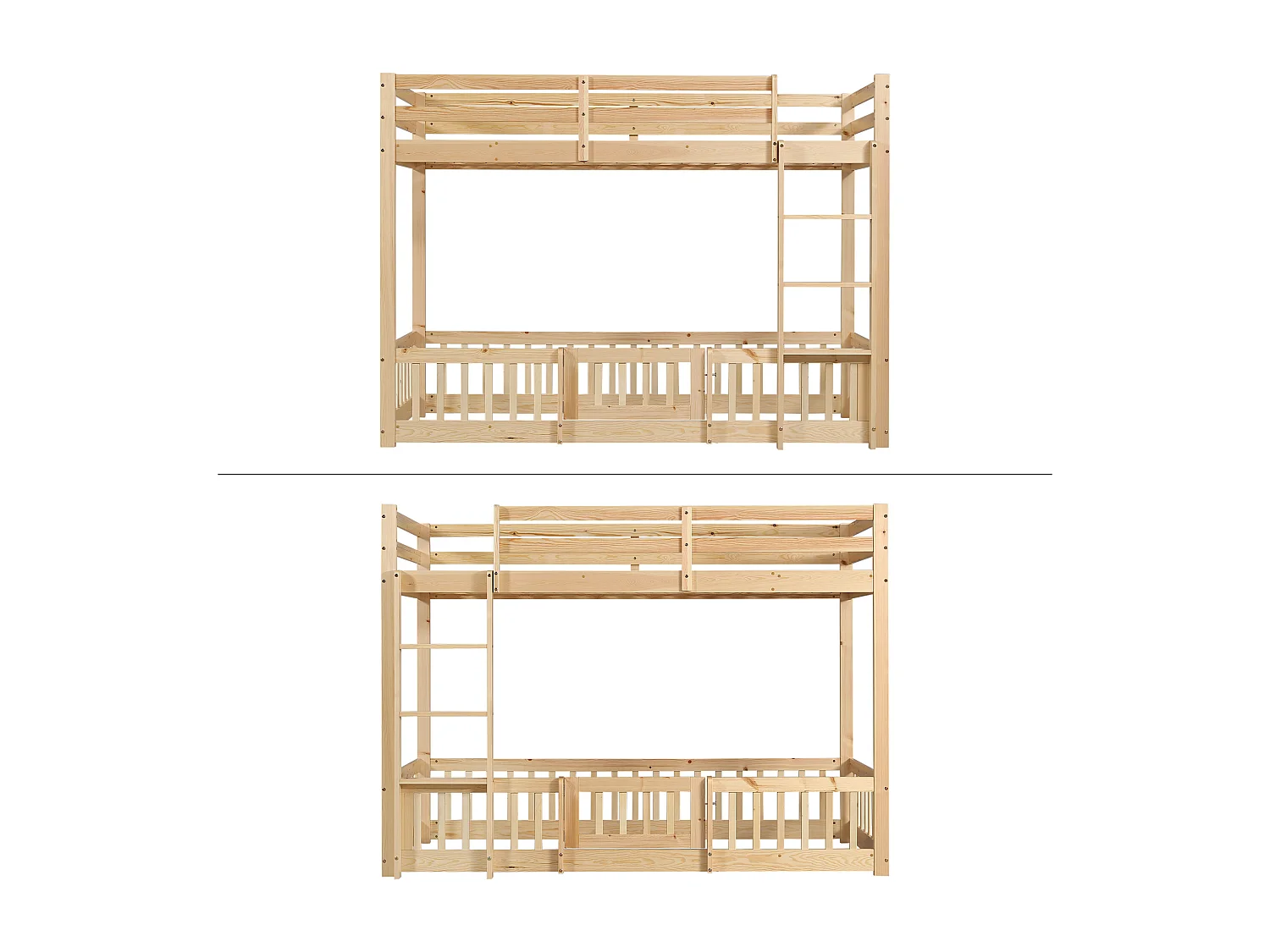 Lit superposé 90x200 cm avec échelle droite, lit enfant avec barrières et porte, lit en bois, sans matelas