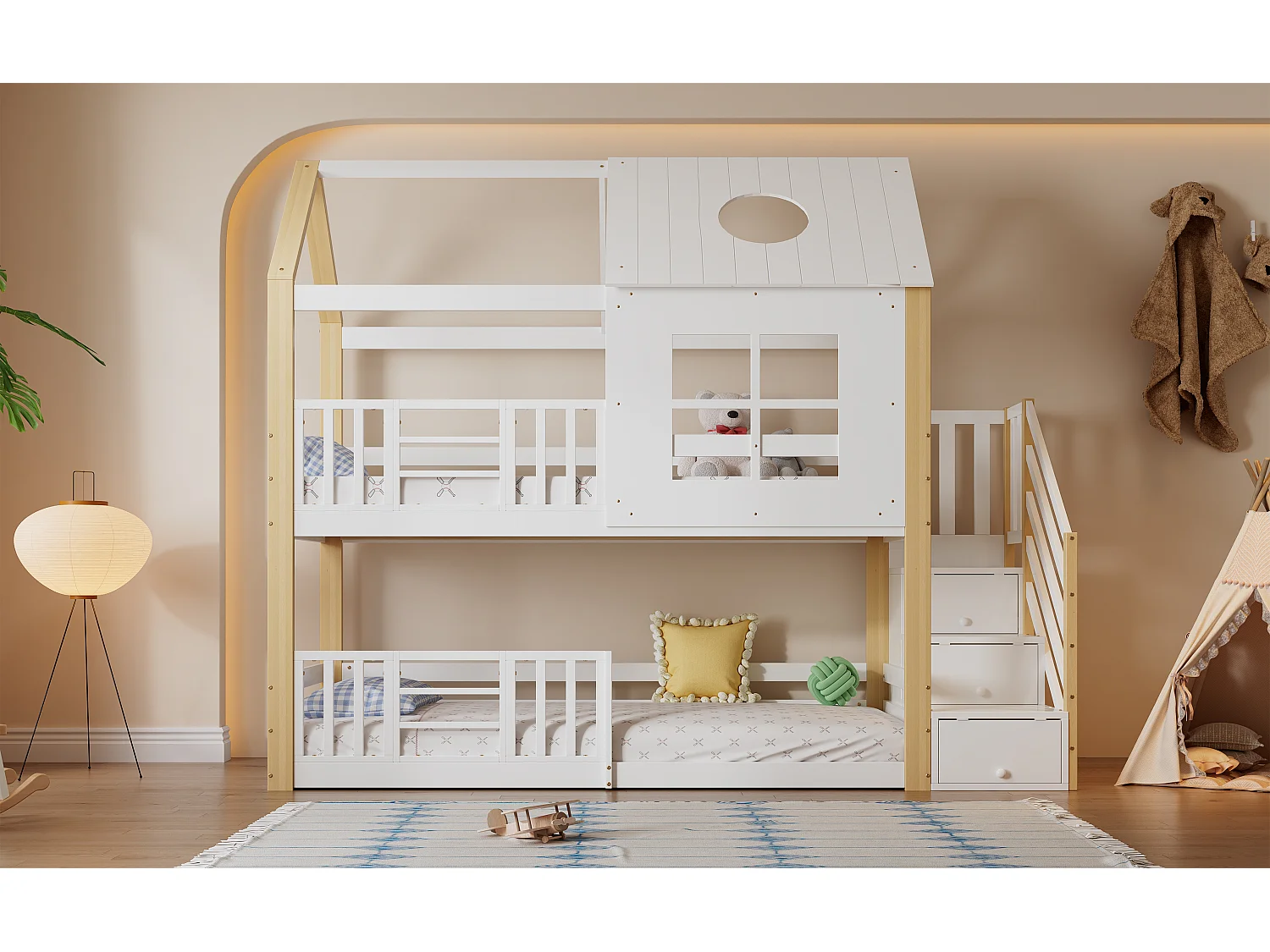 Lit superposé 90x200 cm avec rangement, lit cabane, pin, contreplaqué, MDF, blanc et naturel , sans matelas