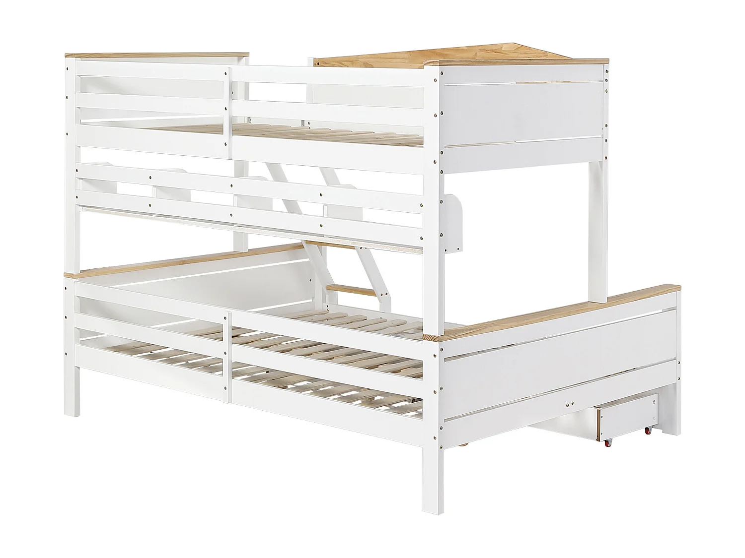 Lit superposé 90/140x200 cm, barrière de sécurité, rangement, pin et MDF, blanc et naturel, sans matelas