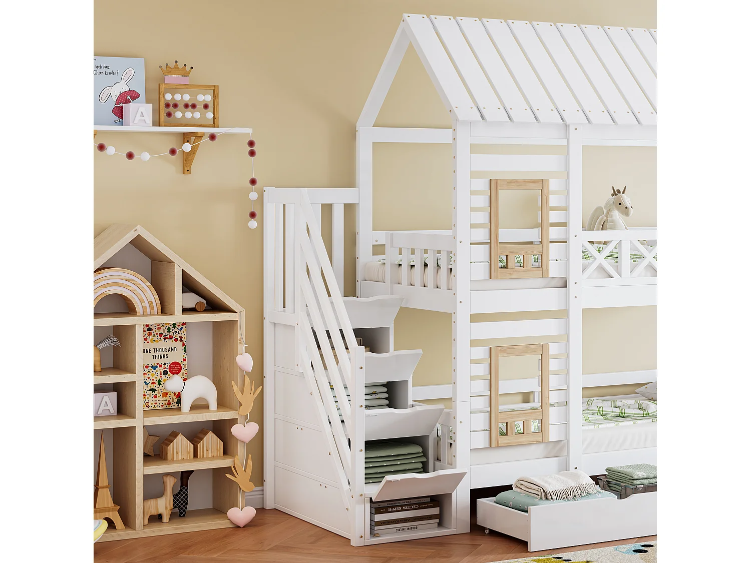 Kinder Stapelbed 90 x 200 cm - Met Ramen, 2 Lades En Opbergladder - Hout + MDF - Zonder Matras