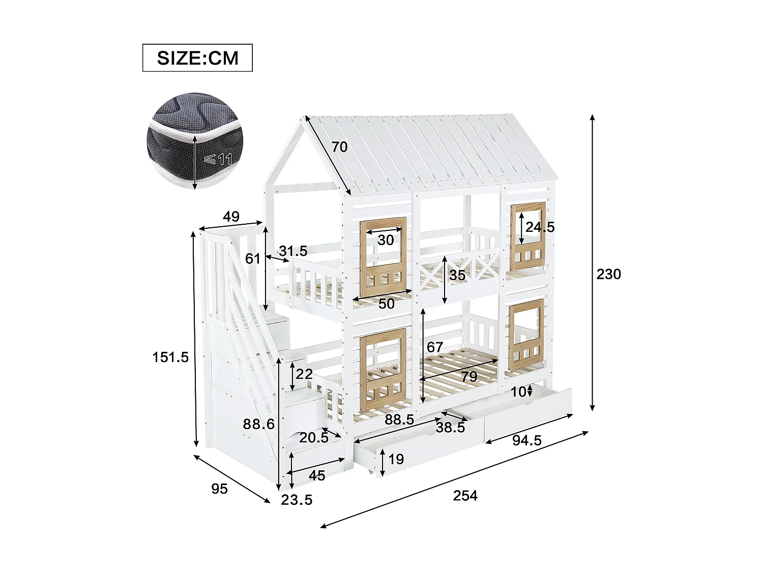 Kinder Stapelbed 90 x 200 cm - Met Ramen, 2 Lades En Opbergladder - Hout + MDF - Zonder Matras