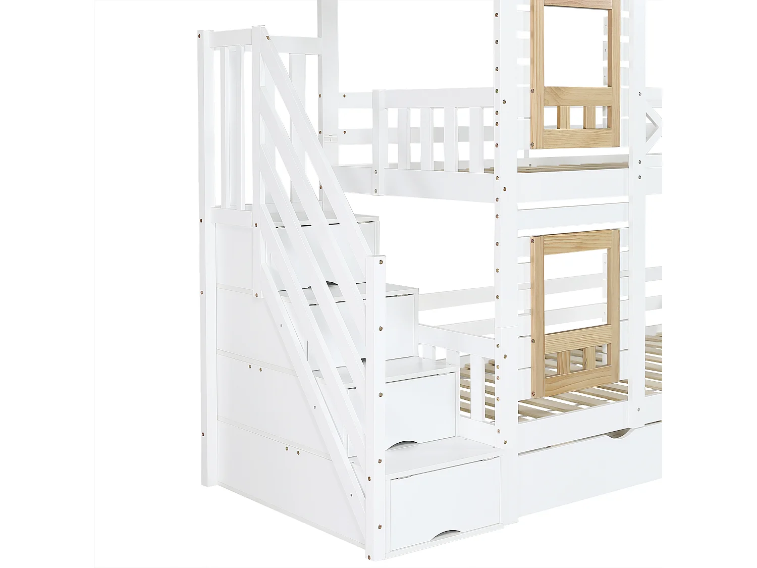 Kinder Stapelbed 90 x 200 cm - Met Ramen, 2 Lades En Opbergladder - Hout + MDF - Zonder Matras