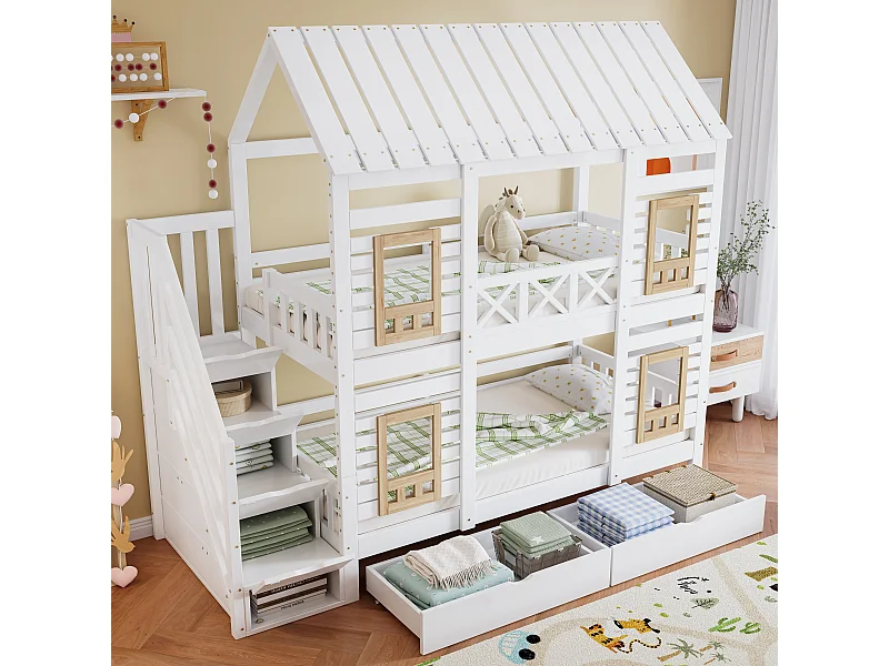 Kinder Stapelbed 90 x 200 cm - Met Ramen, 2 Lades En Opbergladder - Hout + MDF - Zonder Matras