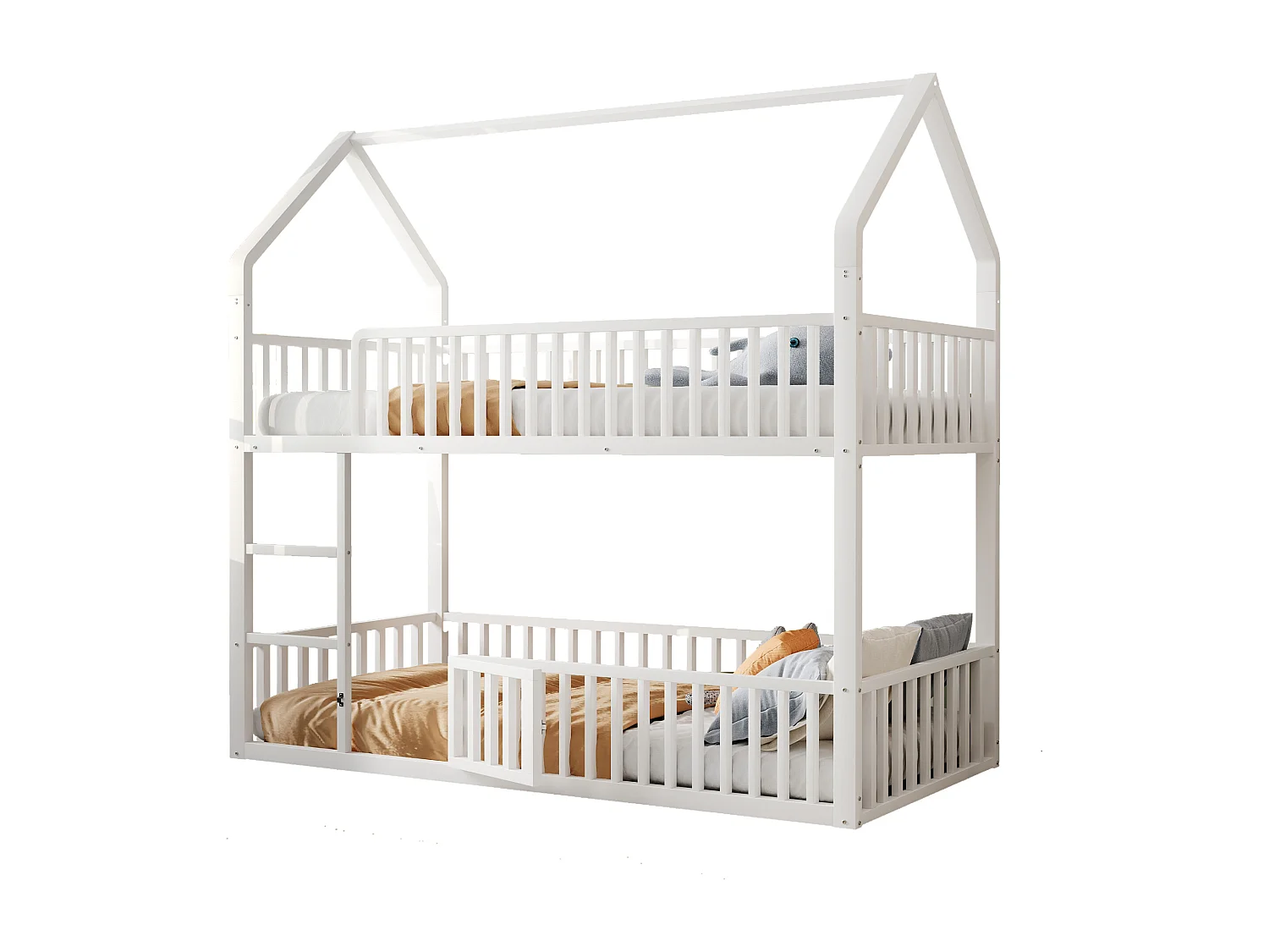 Lit superposé 90x200cm avec escalier, 1 sommier, Lit cabane de style simple, en métal blanc, sans matalas