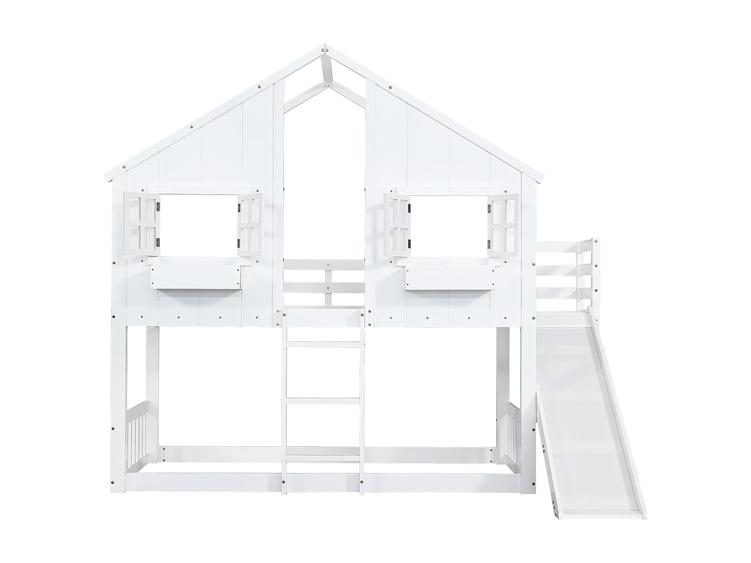 Lit superposé enfant 90x200 cm avec toboggan, fenêtres, protection, échelle 3 niveaux, blanc, sans matelas