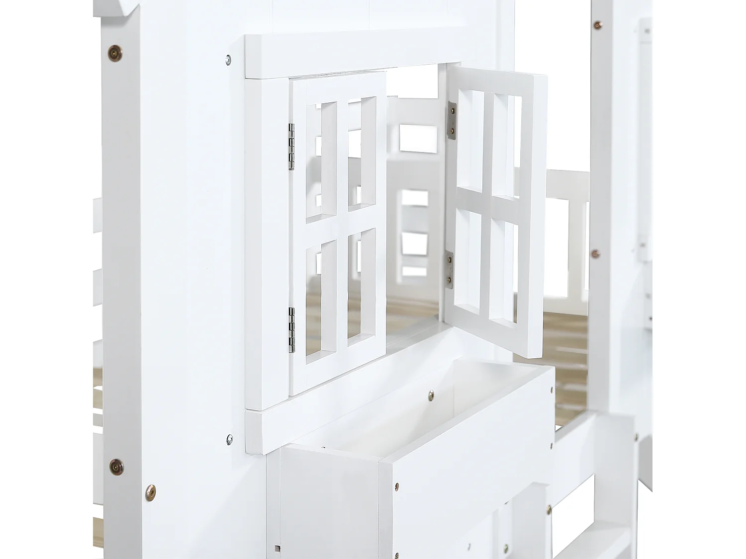 Lit superposé enfant 90x200 cm avec toboggan, fenêtres, protection, échelle 3 niveaux, blanc, sans matelas