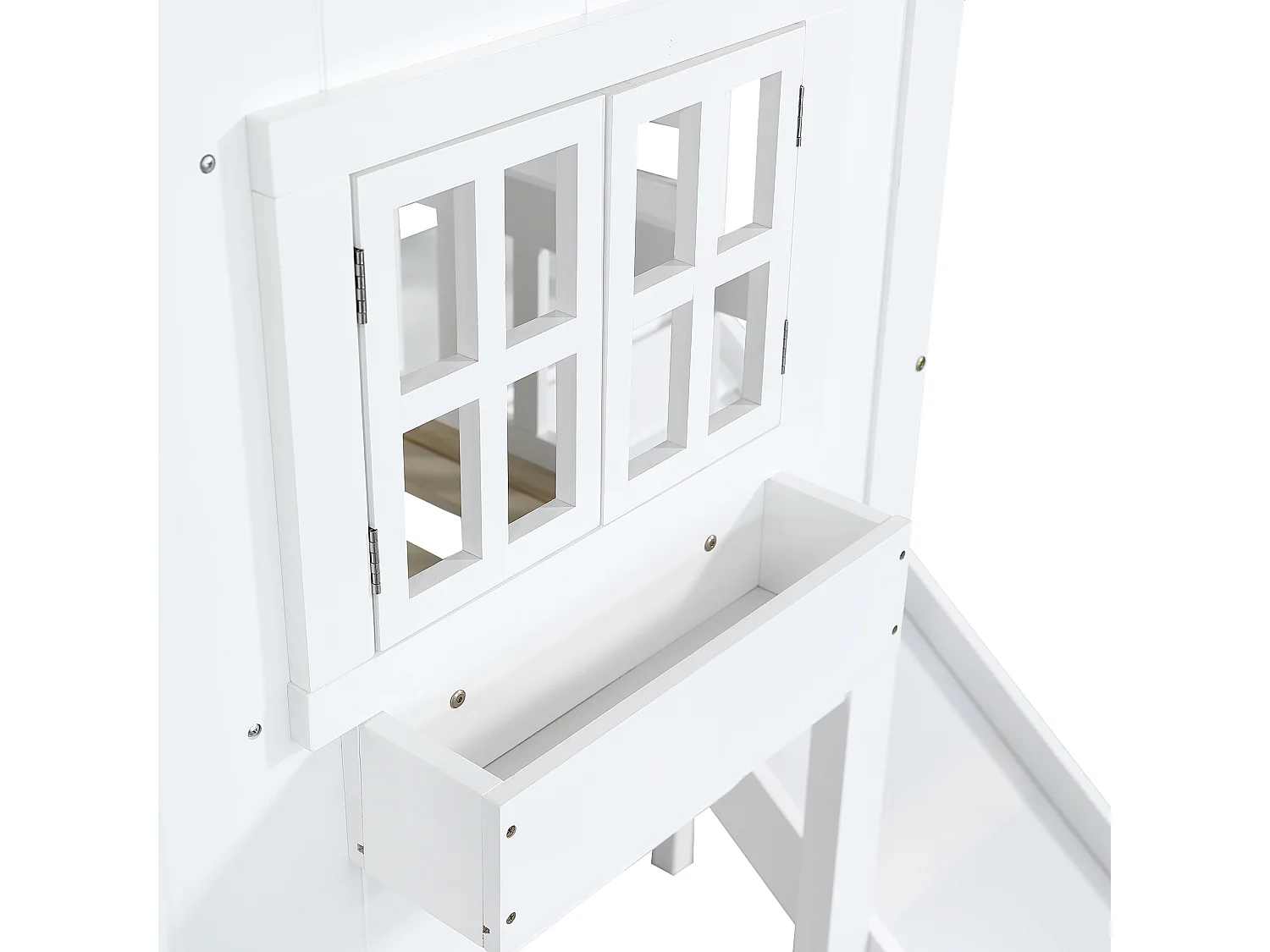 Lit superposé enfant 90x200 cm avec toboggan, fenêtres, protection, échelle 3 niveaux, blanc, sans matelas