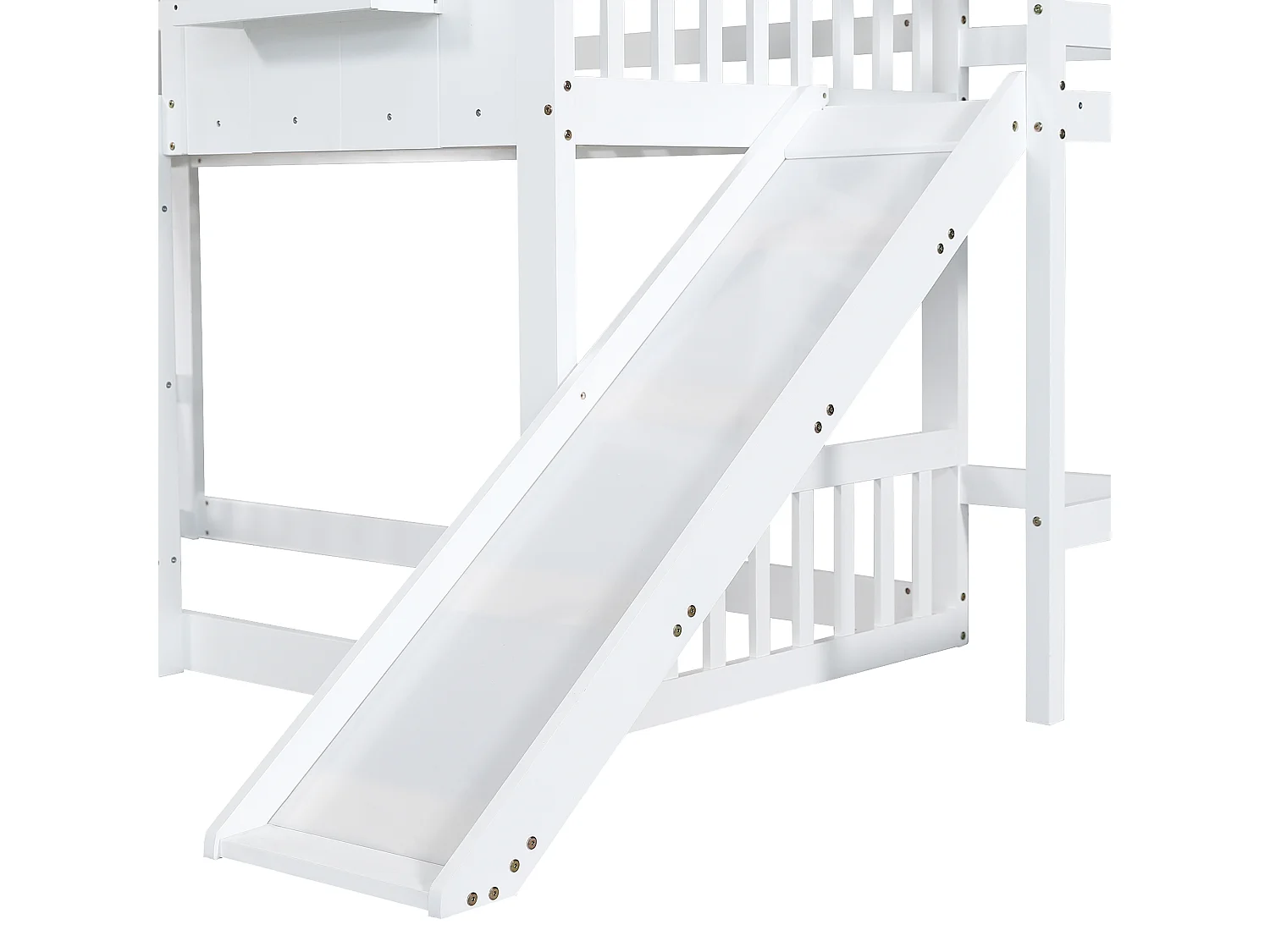 Lit superposé enfant 90x200 cm avec toboggan, fenêtres, protection, échelle 3 niveaux, blanc, sans matelas