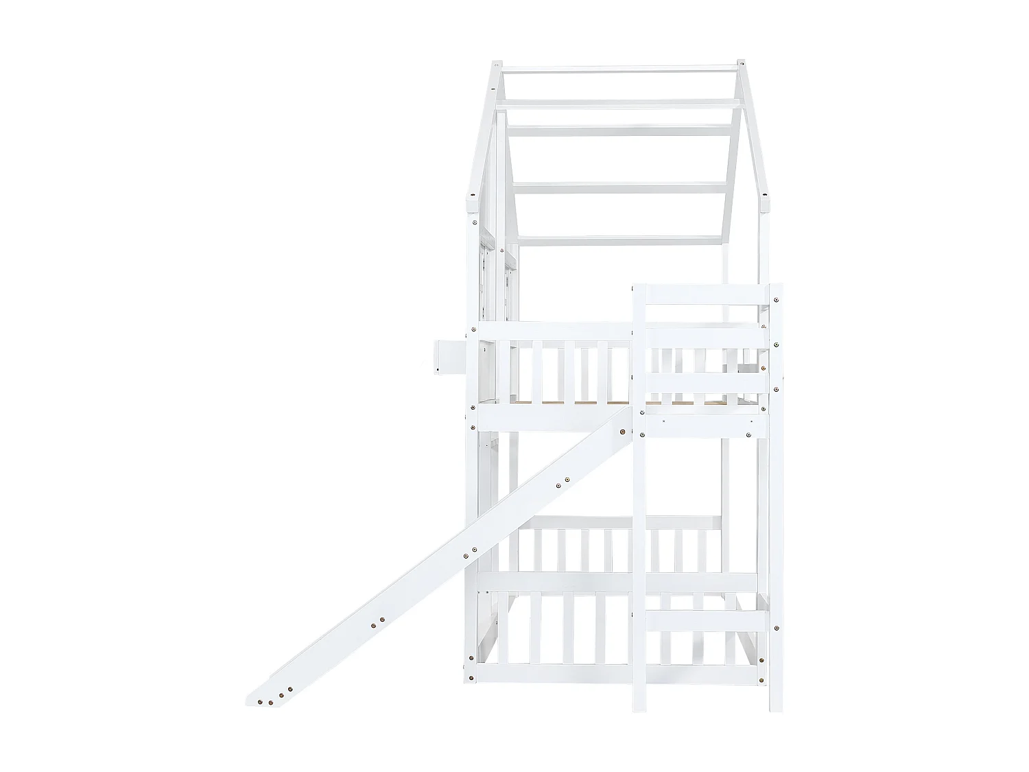 Lit superposé enfant 90x200 cm avec toboggan, fenêtres, protection, échelle 3 niveaux, blanc, sans matelas