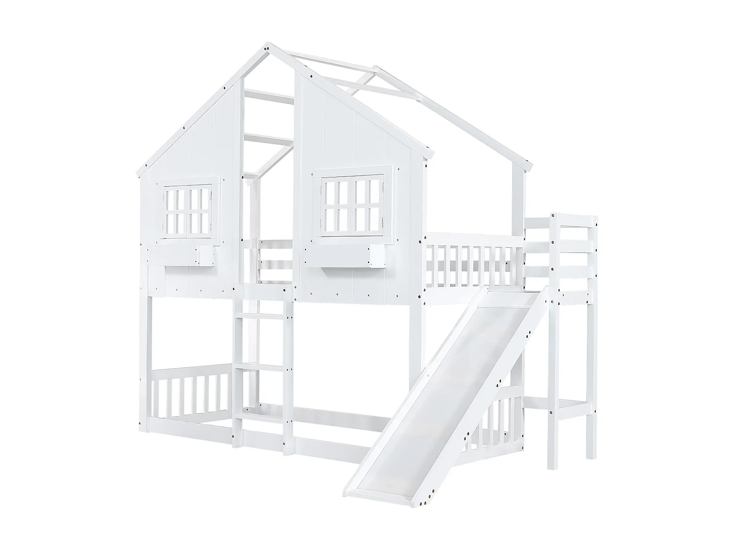 Lit superposé enfant 90x200 cm avec toboggan, fenêtres, protection, échelle 3 niveaux, blanc, sans matelas