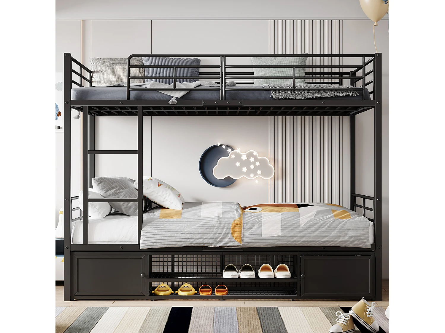 lit superposé 2x90x200cm, lit en métal avec escalier, 2 niches, rangement pour chaussures, noir, sans matelas