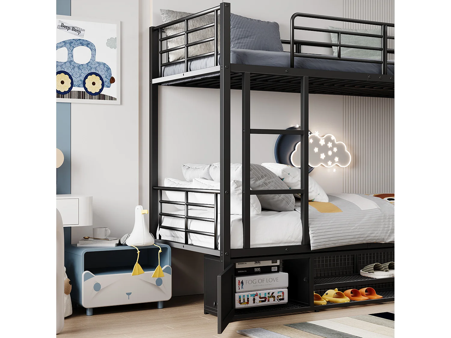 lit superposé 2x90x200cm, lit en métal avec escalier, 2 niches, rangement pour chaussures, noir, sans matelas