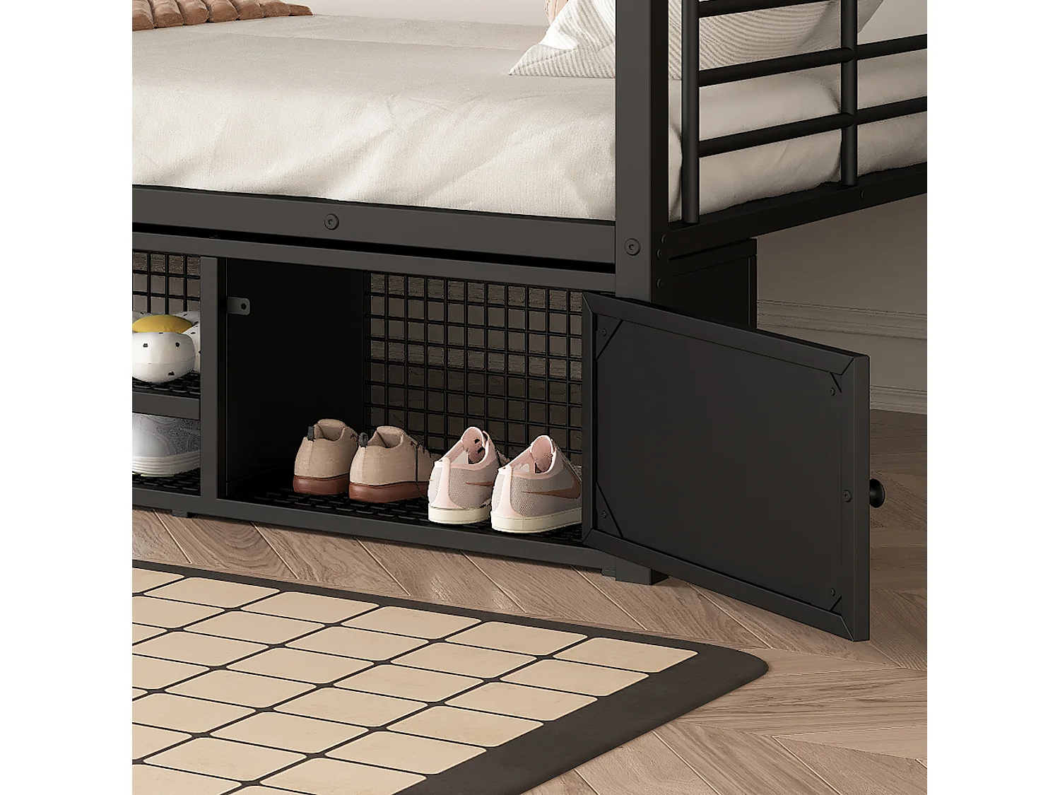 lit superposé 2x90x200cm, lit en métal avec escalier, 2 niches, rangement pour chaussures, noir, sans matelas