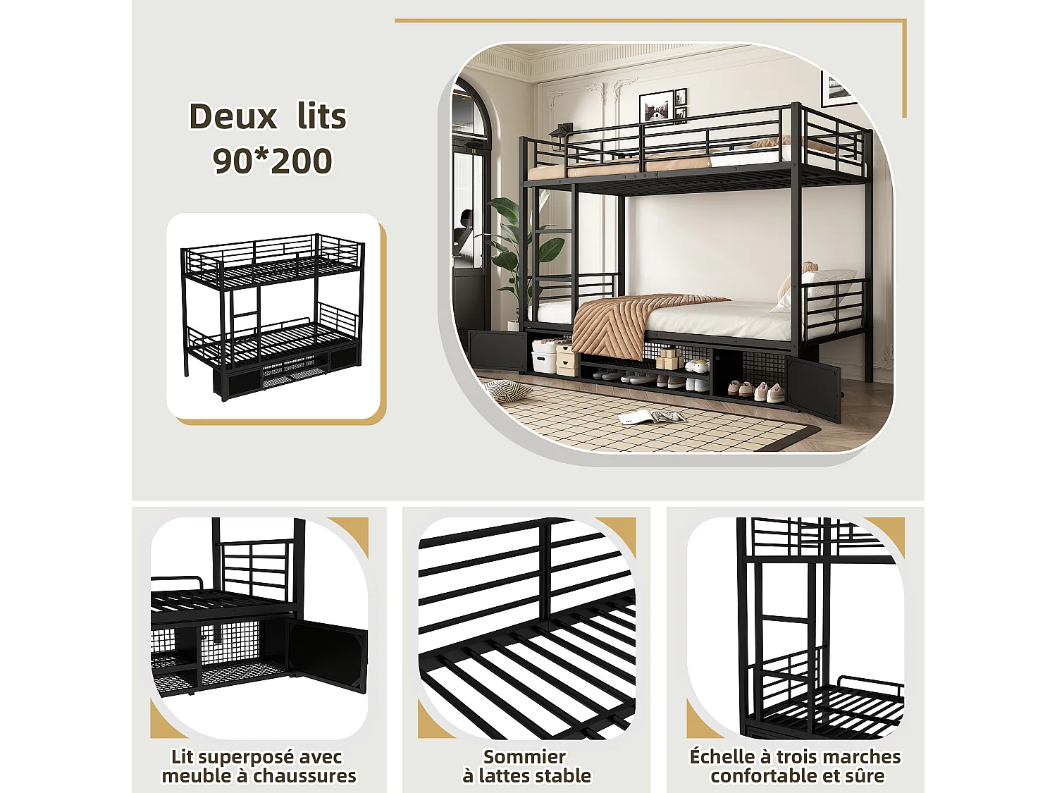 lit superposé 2x90x200cm, lit en métal avec escalier, 2 niches, rangement pour chaussures, noir, sans matelas