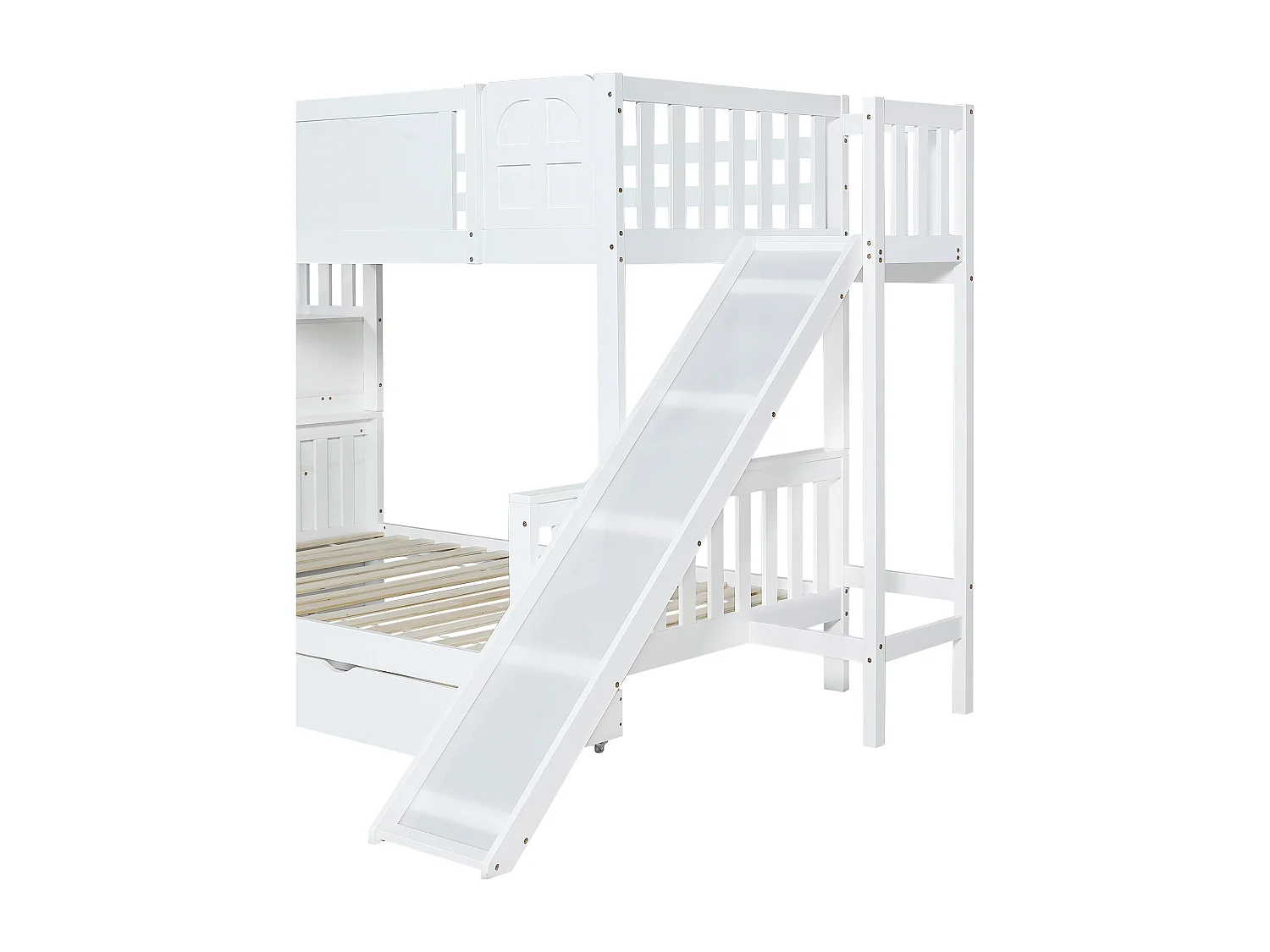 Lit superposé enfant 90x200 cm avec fenêtre, toboggan, 3 tiroirs et rangement intégré, blanc, sans matelas