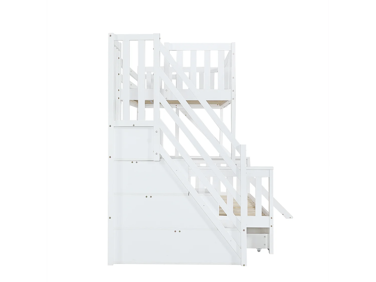 Lit superposé enfant 90x200 cm avec fenêtre, toboggan, 3 tiroirs et rangement intégré, blanc, sans matelas