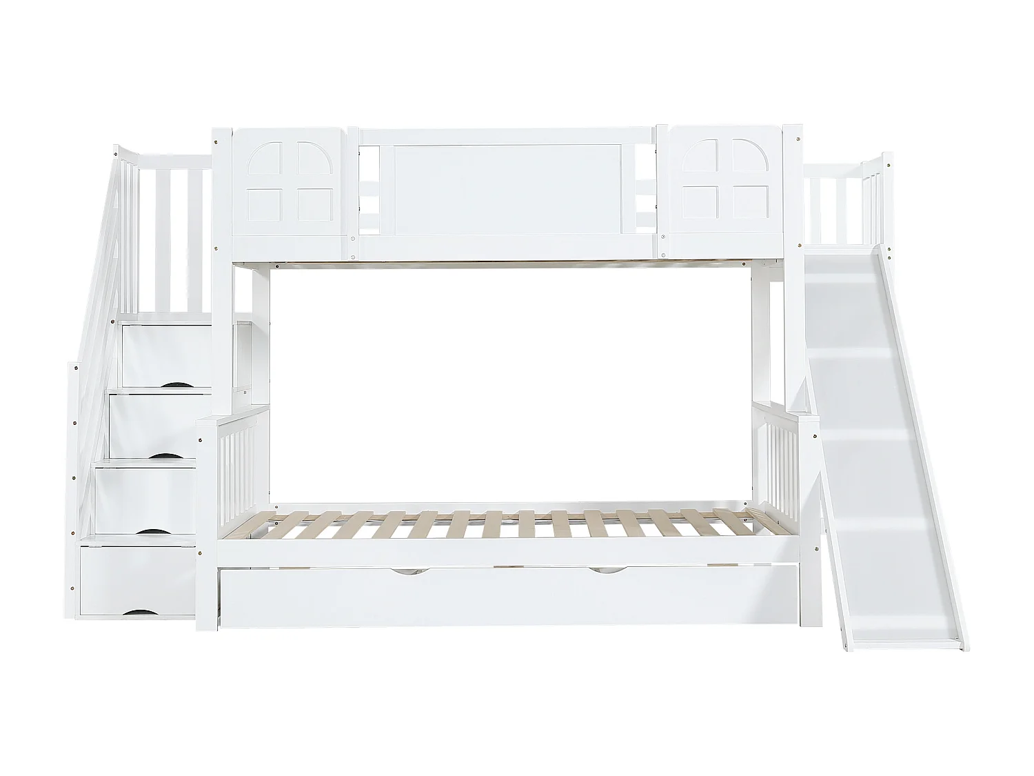 Lit superposé enfant 90x200 cm avec fenêtre, toboggan, 3 tiroirs et rangement intégré, blanc, sans matelas