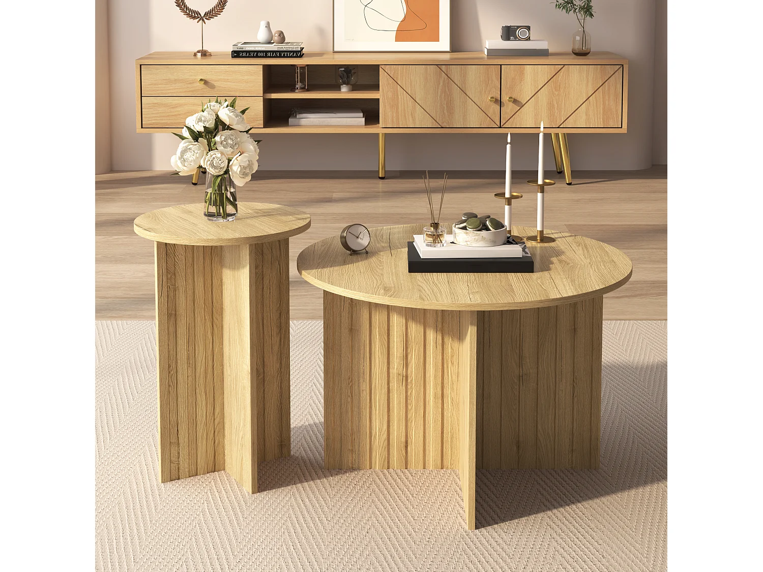Lot de 2 tables gigognes modernes en bois, Ø76cm et Ø40cm, polyvalentes, en MDF et PB, naturel clair