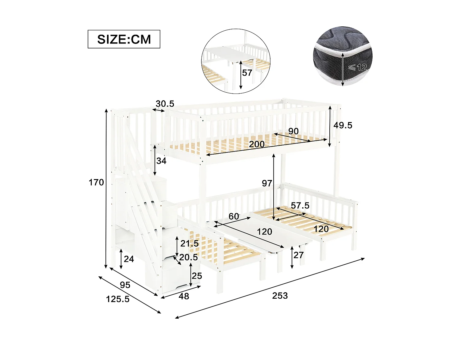 Lit superposé 90/120x200 cm,  table et canapé peuvent être convertis en lit, Pin et MDF, blanc, sans matelas