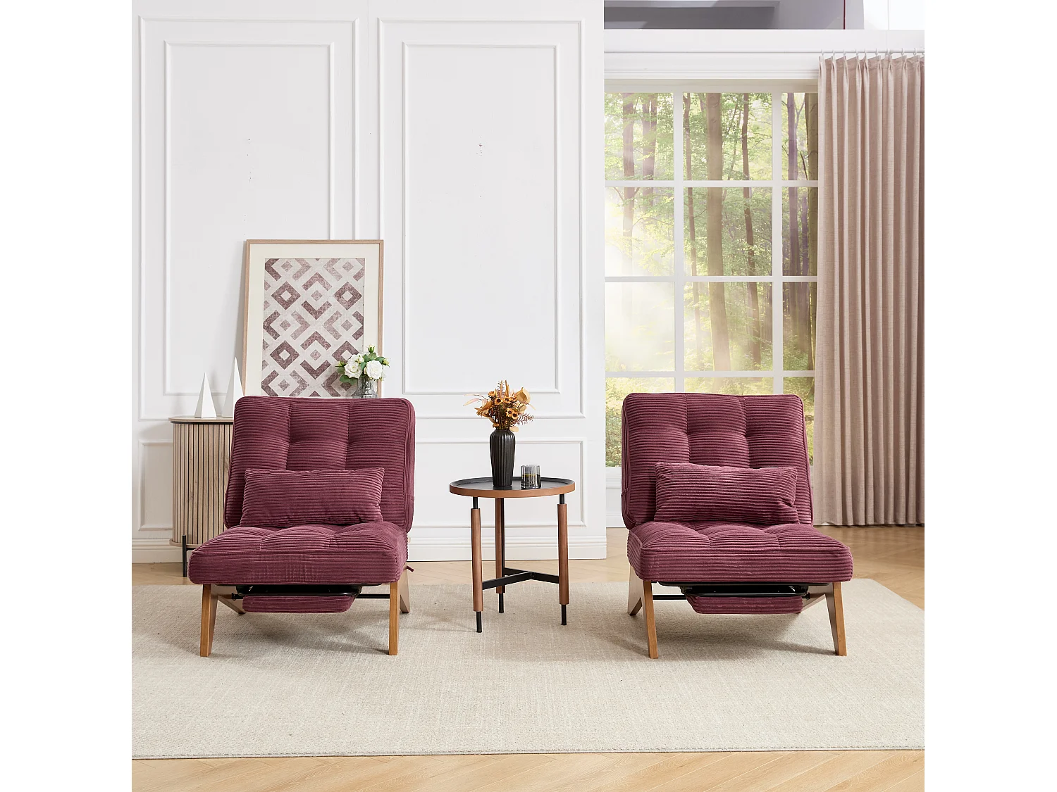 Loungestoel - Verstelbare Rugleuning & Lendenkussen - Ribfluweel 1-Zits Met Voetsteun - Massief Hout - Modern Voor Woonkamer - Rood