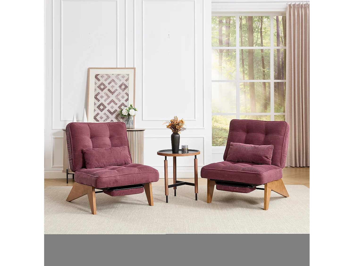 Loungestoel - Verstelbare Rugleuning & Lendenkussen - Ribfluweel 1-Zits Met Voetsteun - Massief Hout - Modern Voor Woonkamer - Rood