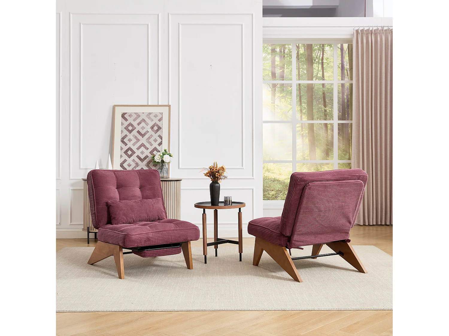 Loungestoel - Verstelbare Rugleuning & Lendenkussen - Ribfluweel 1-Zits Met Voetsteun - Massief Hout - Modern Voor Woonkamer - Rood