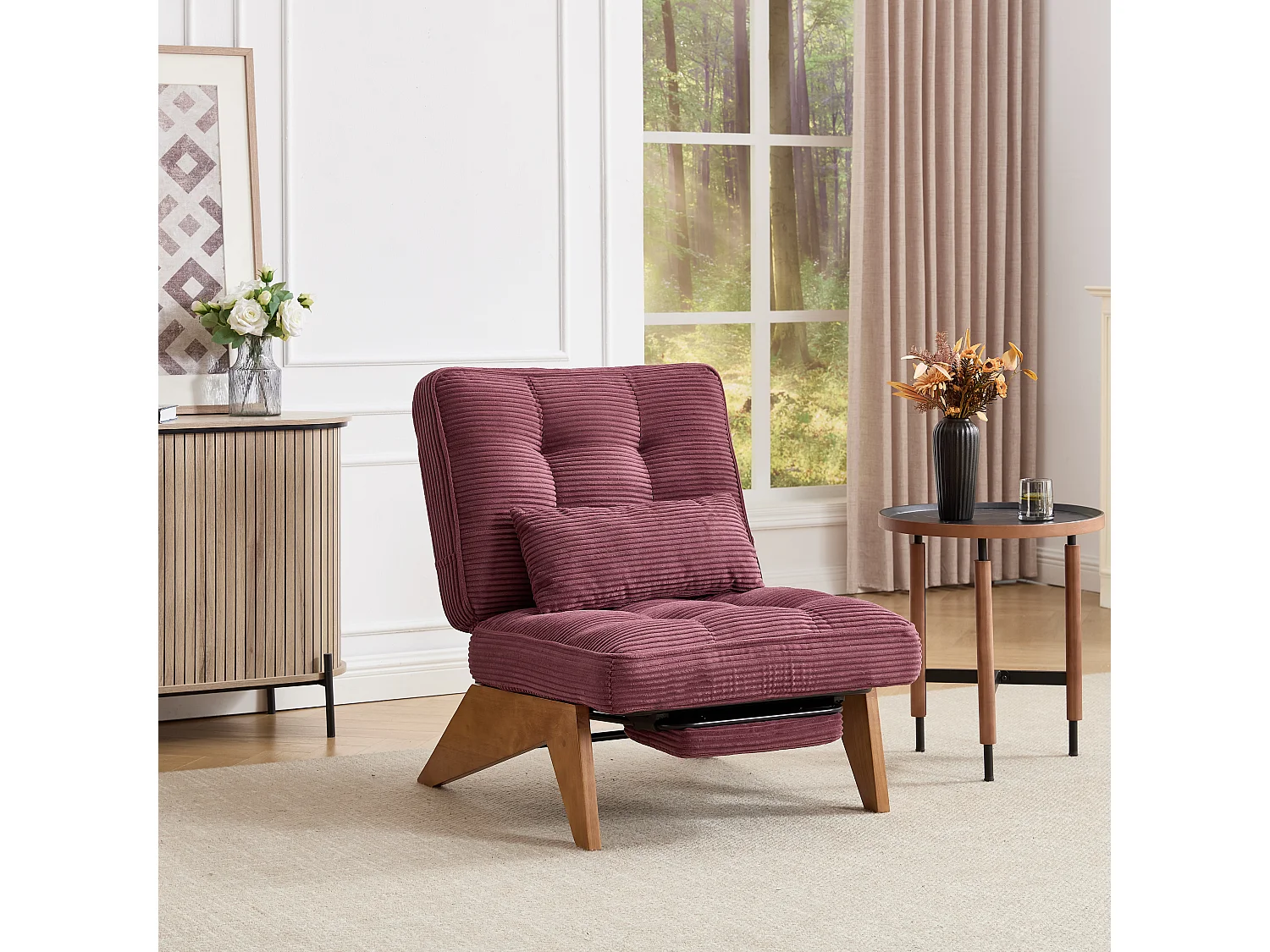 Loungestoel - Verstelbare Rugleuning & Lendenkussen - Ribfluweel 1-Zits Met Voetsteun - Massief Hout - Modern Voor Woonkamer - Rood