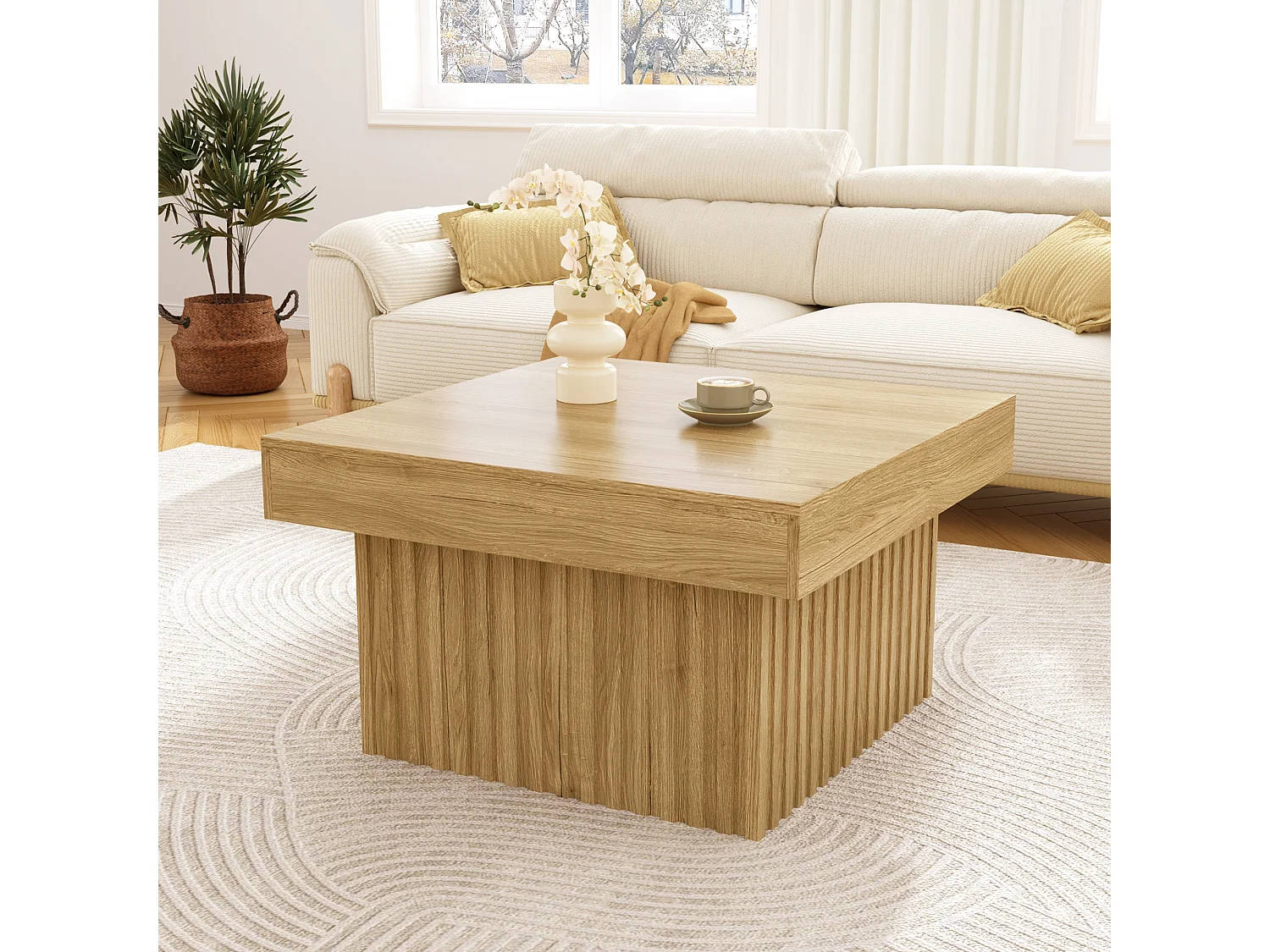 Table basse moderne en bois  79 x 79 x 46 cm, robuste et polyvalent, en PB et MDF,  naturel clair