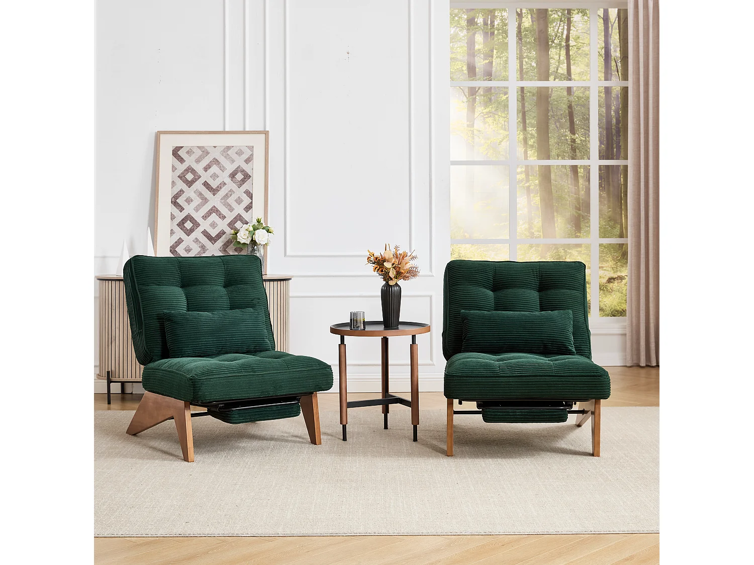 Fauteuil convertible simple, clic clac, dossier réglable sur 2 niveaux, Velours côtelé vert émeraude